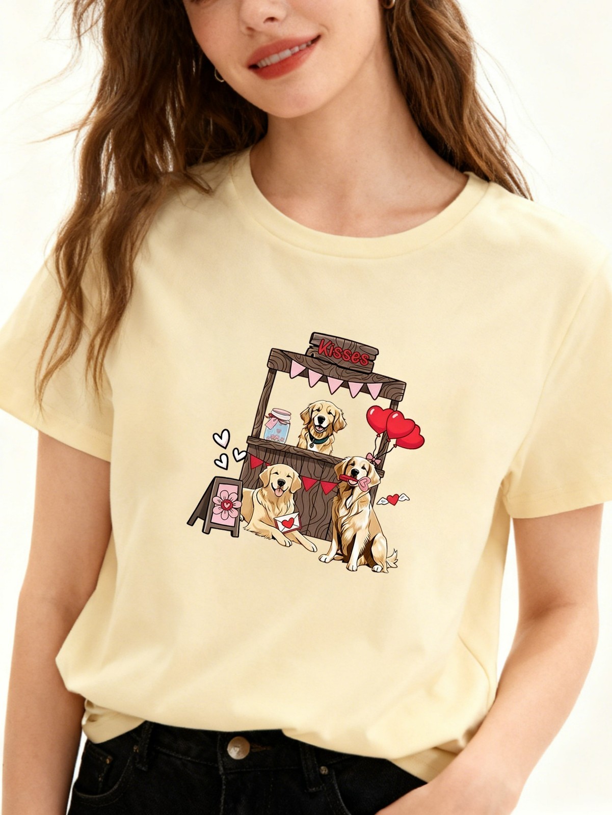 Valentine’s Day Dog Booth Graphic Tee Soft Polyester Lovely Pet Women’s T-Shirt
