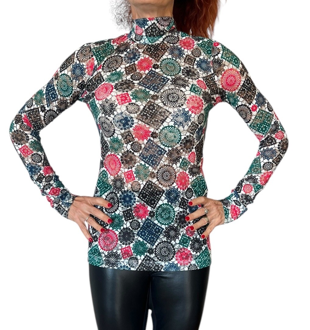 WOMEN’S MSGM MEDALLION GEOMETRIC MESH HIGH NECK LONG SLEEVE BLOUSE TOP 40 4
