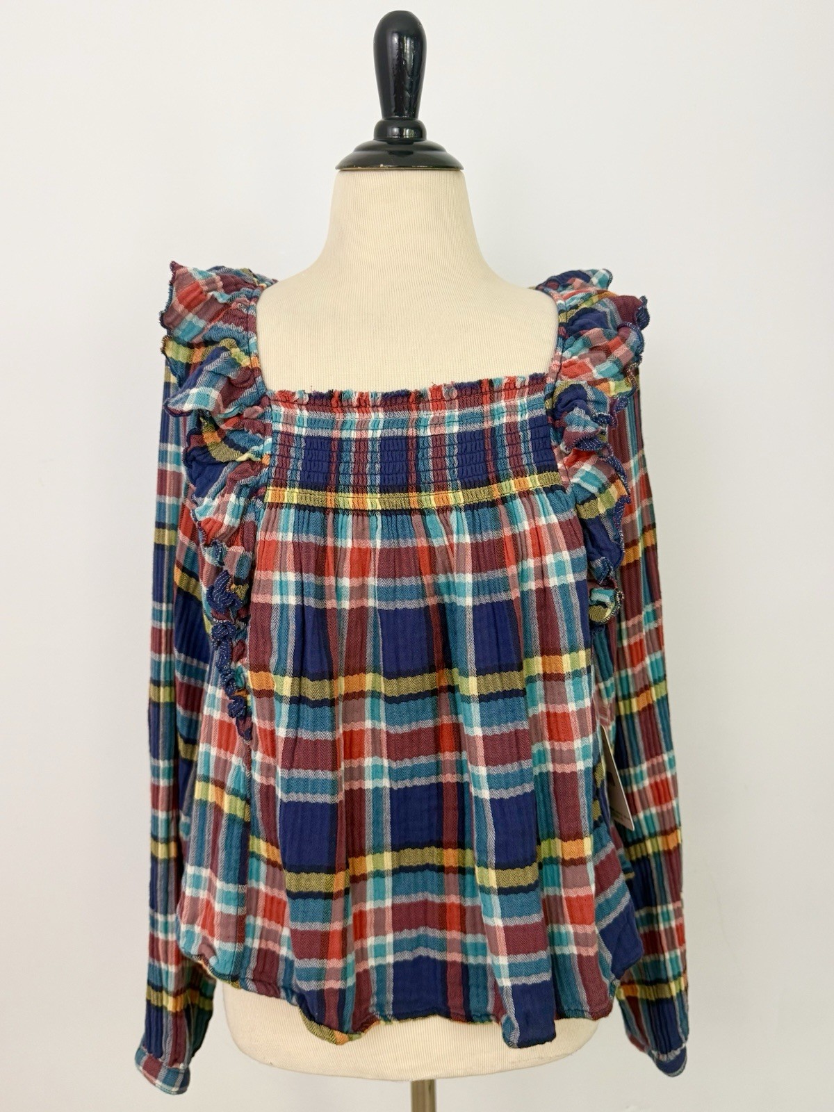 We the FREE PEOPLE New Siena Plaid Pullover TOP Small Babydoll Teal Country $118