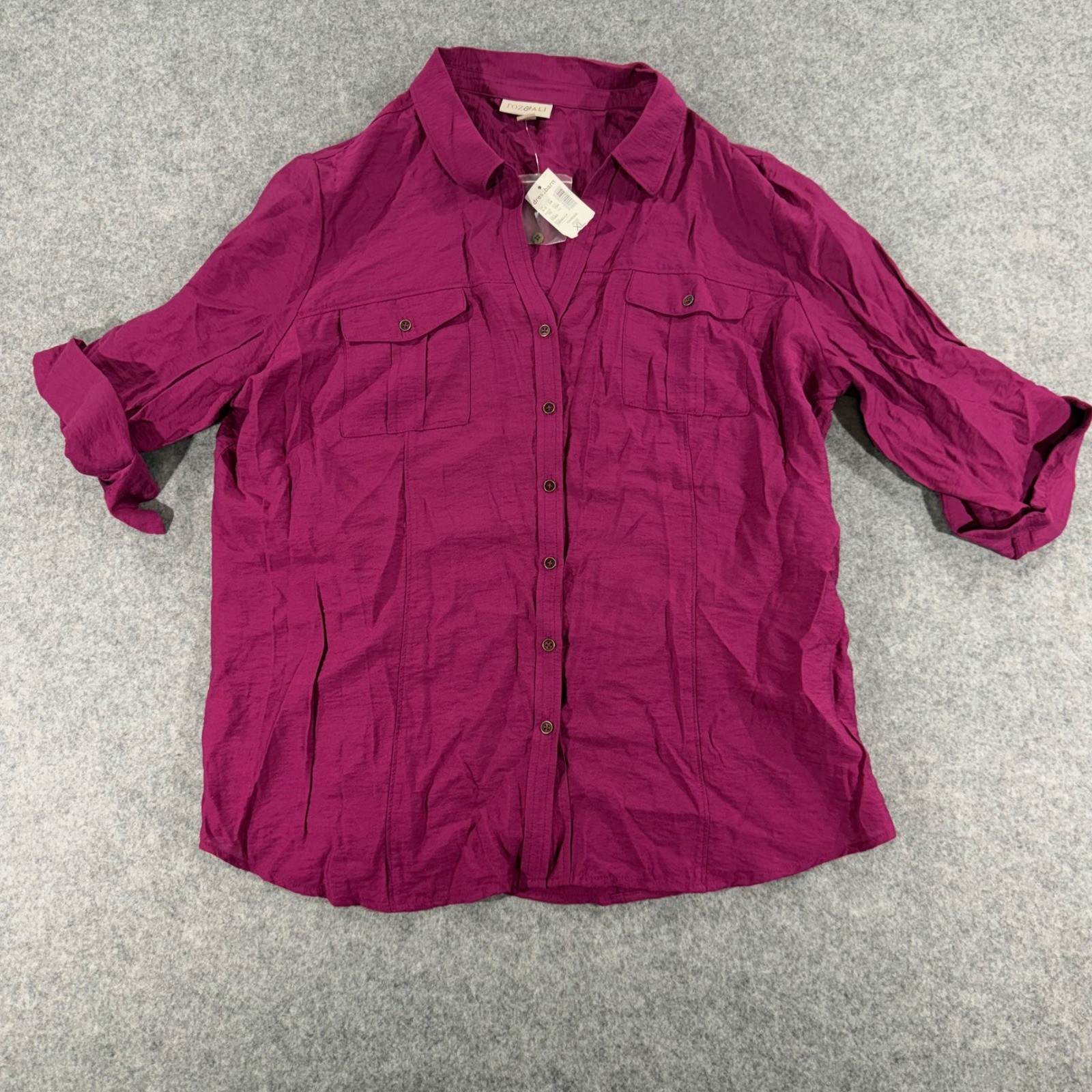 Roz & Ali Magenta Purple Roll Tab Sleeve Button Down Utility Shirt XL NWT
