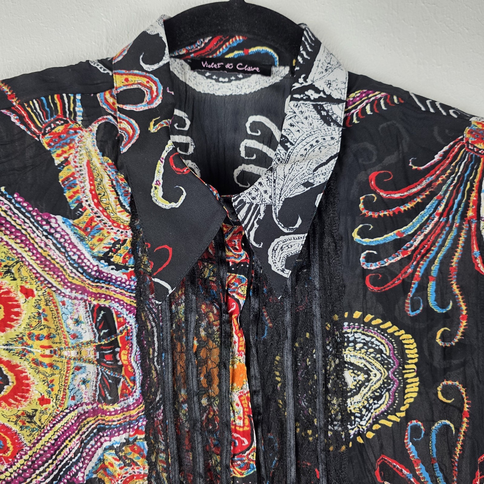 Violet & Claire Womens L Blouse Black Sheer Paisley Lace Trim Boho Western Top