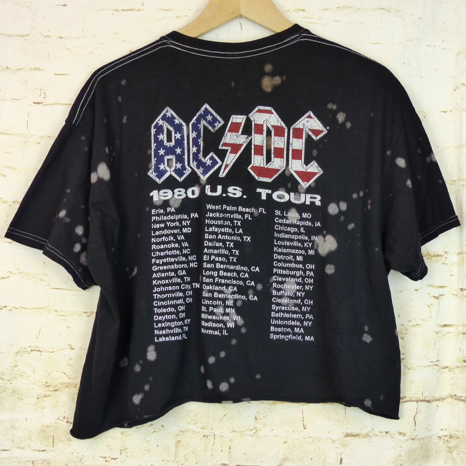AC/DC Crop T Shirt Womens L Black Splatter American Logo US Tour Graphic Rock