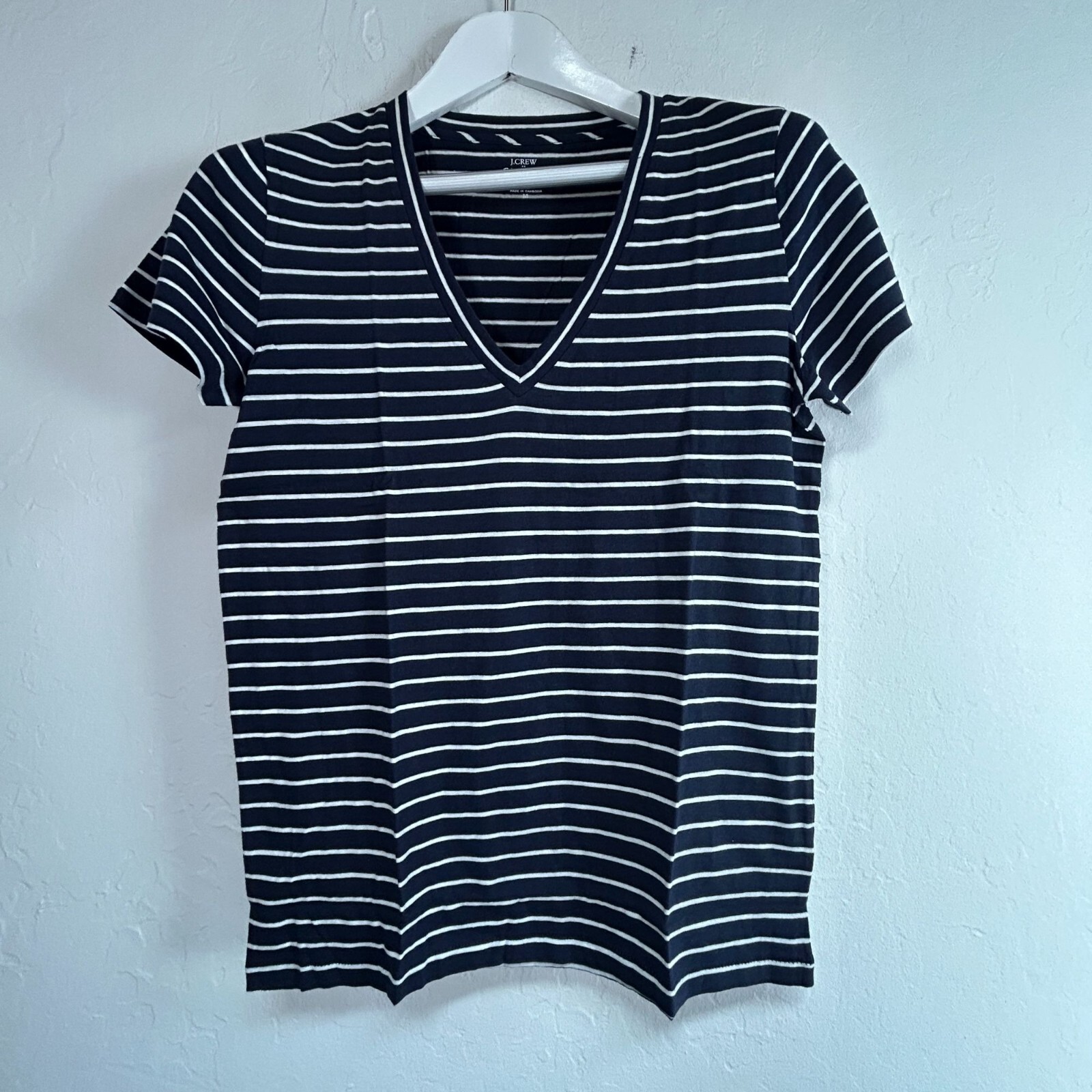 J.Crew Women Navy White Striped V-Neck Slub Cotton Tee T-Shirt Medium AW603 New