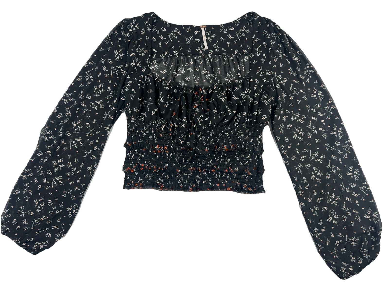 Free People Floral Print Top Light & Sheer Square Neck Raw Edges Black Small