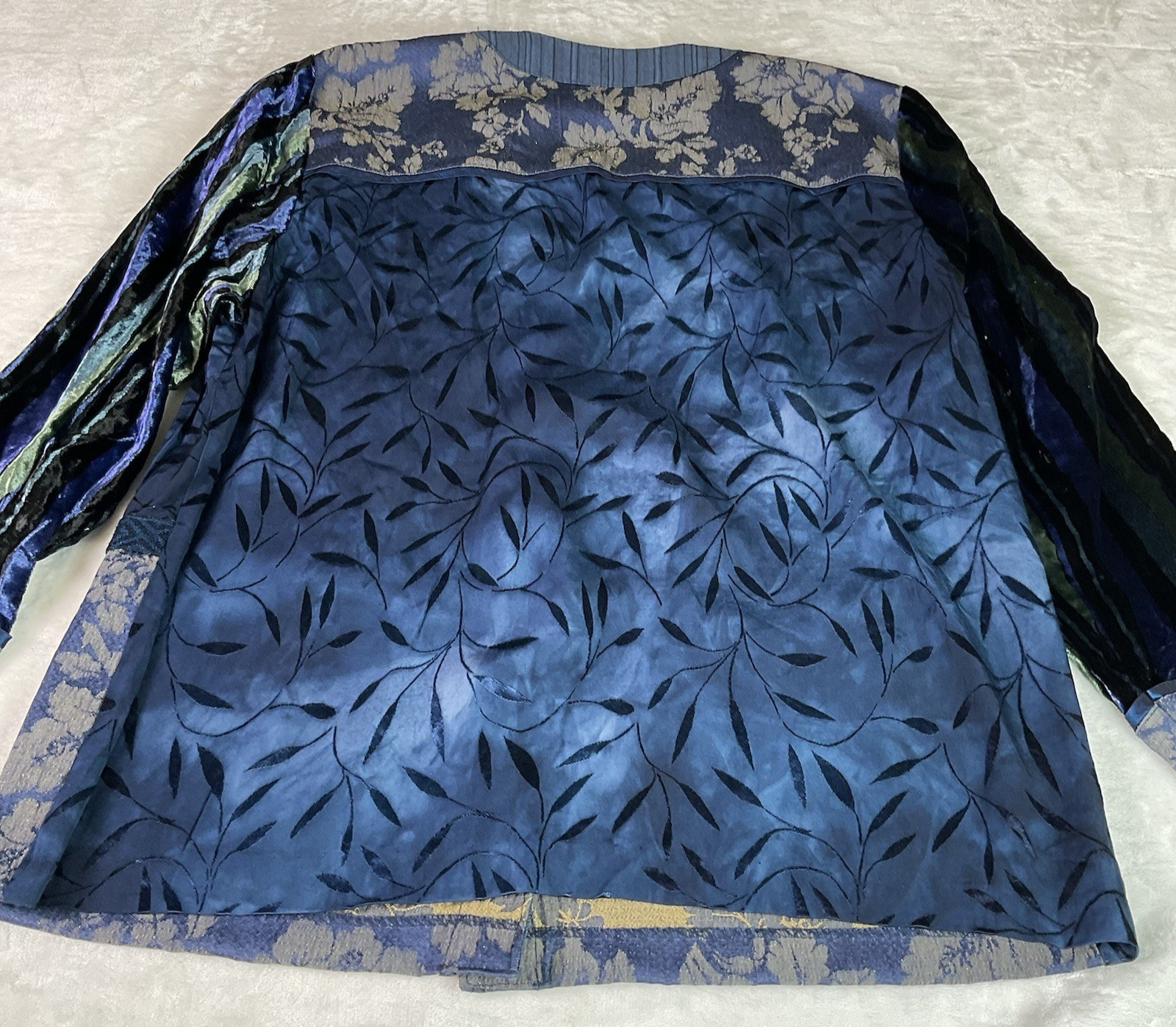 Vtg Mozart Blue Button Blouse Top Large Mixed Media Jaquard Dark Romantic USA