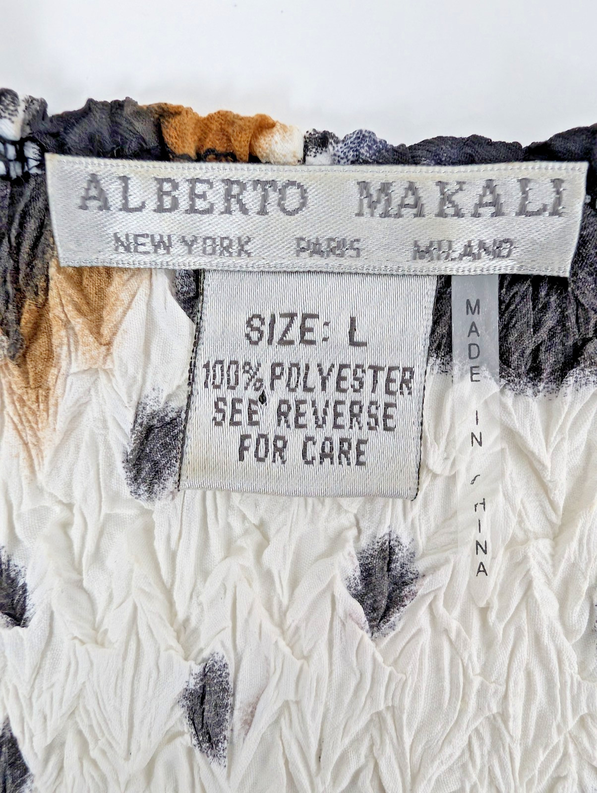 Alberto Makali Crinkle Blouse Top Ikat Animal Print Lace Sz L Retro Art