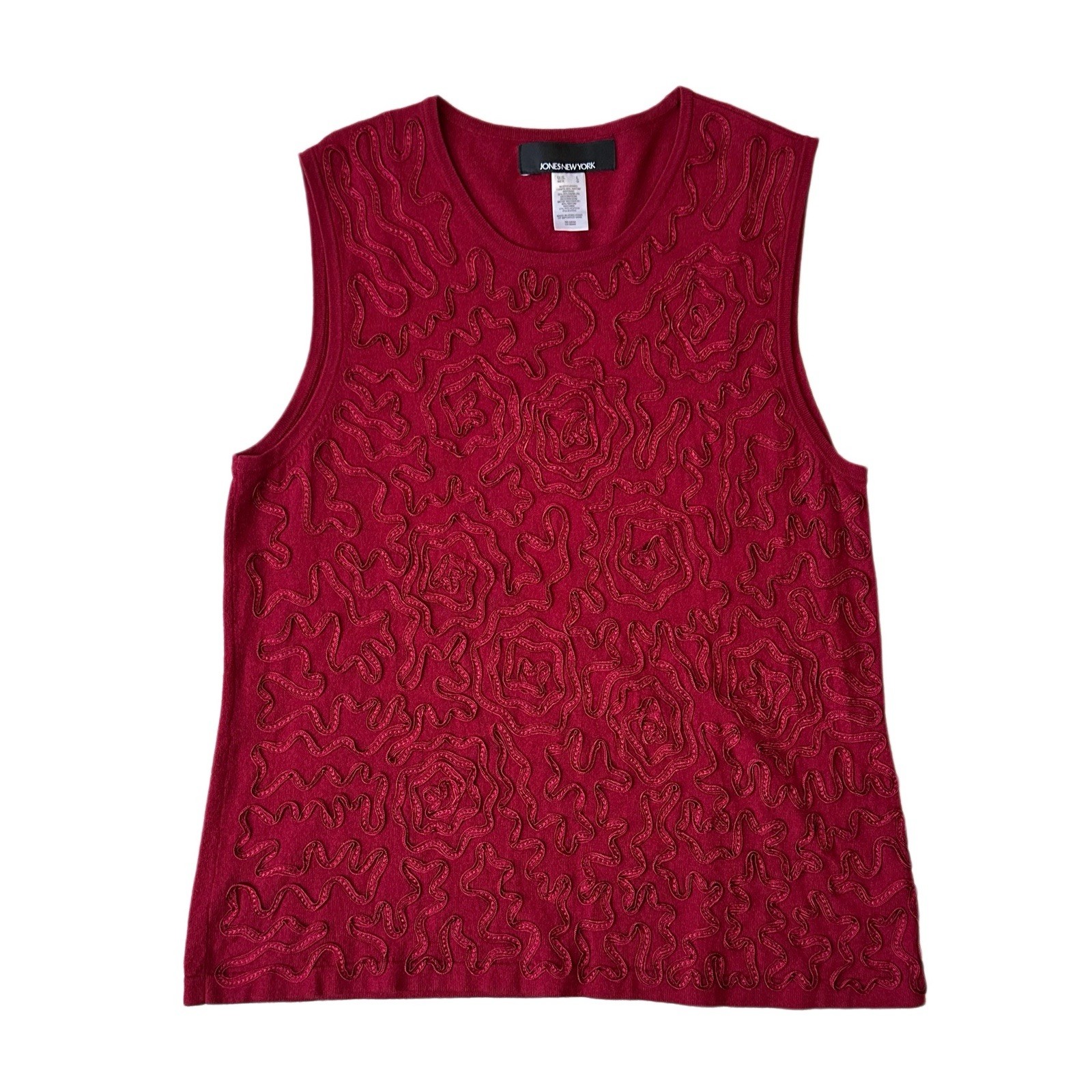 Jones New York Red Sleeveless Fine Knit Tank Large Embroidered 3D Textured