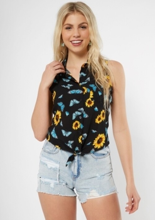 Rue 21 Women’s Black Sunflower Butterfly Print Button Down Tie Front Tank LARGE