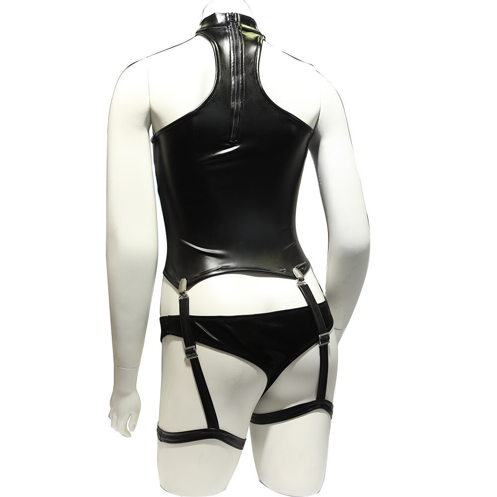 Turtle Neck Latex Vest Tank Tops Caimi Lingerie Suspenders Garters Set Halter