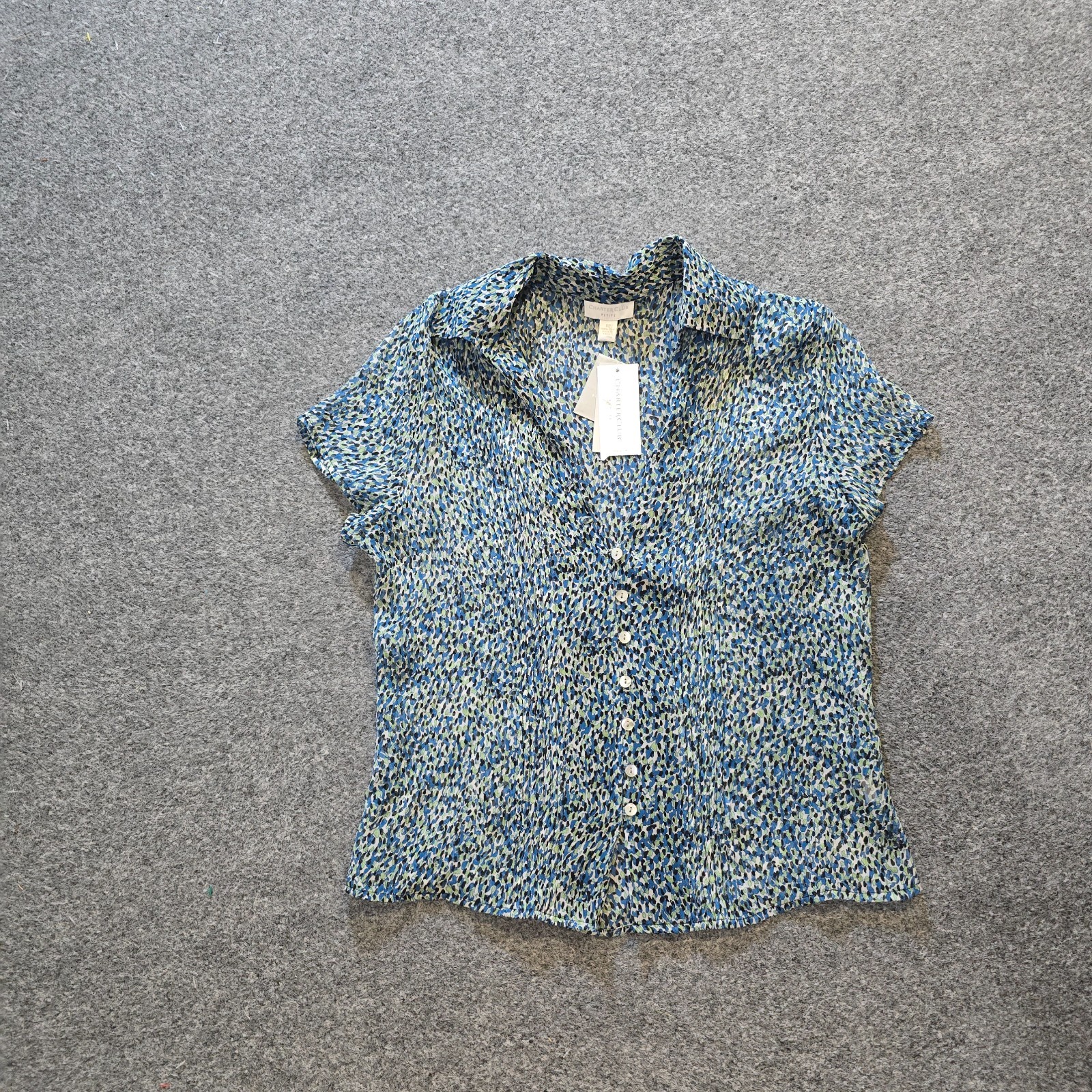Charter Club Top Womens Size 8 Petite Blue Abstract Silk Button Up Sheer Casual