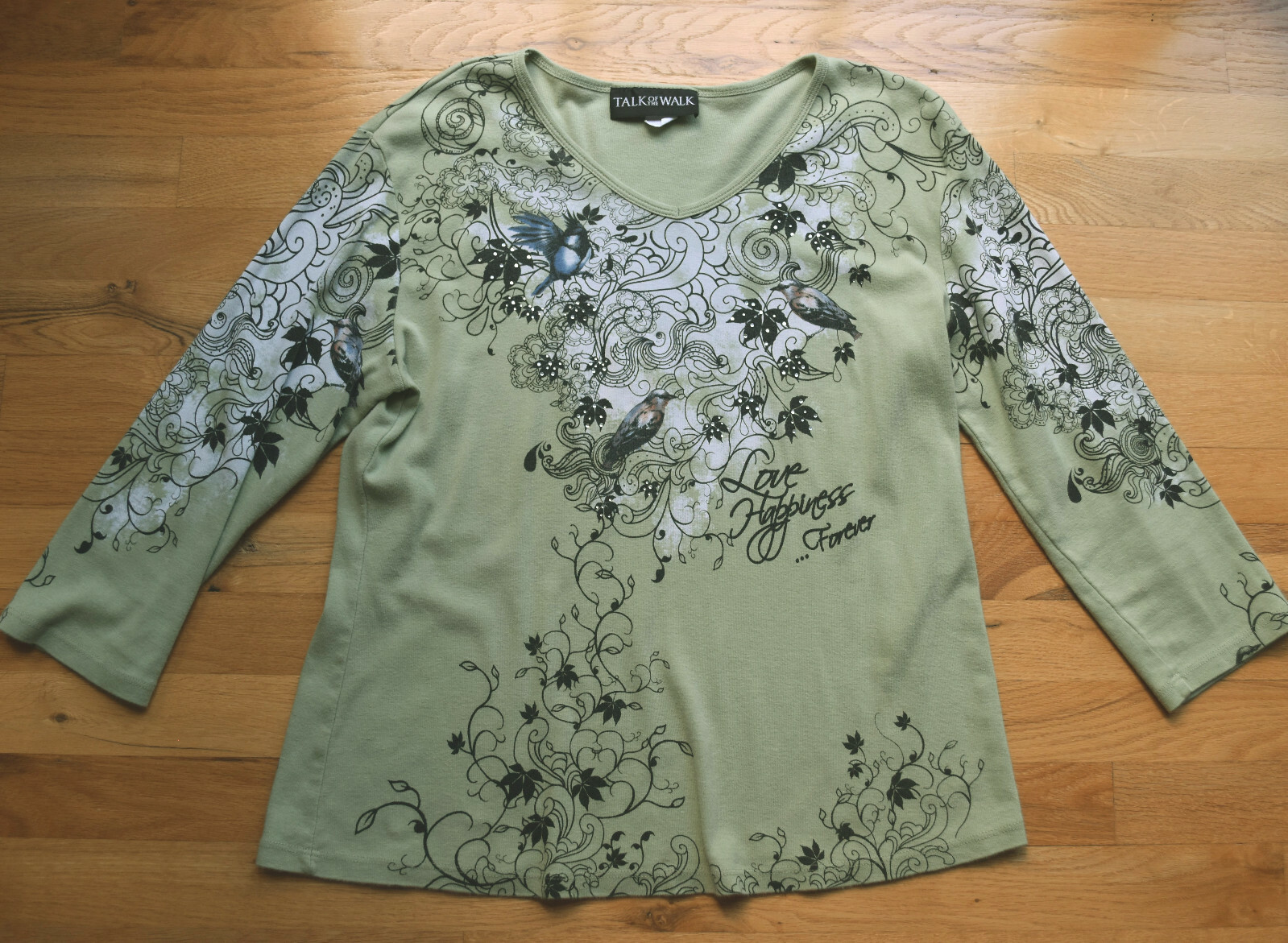 Talk of the WALK “Love Happiness Forever” green floral/birds top (L) rhinestone