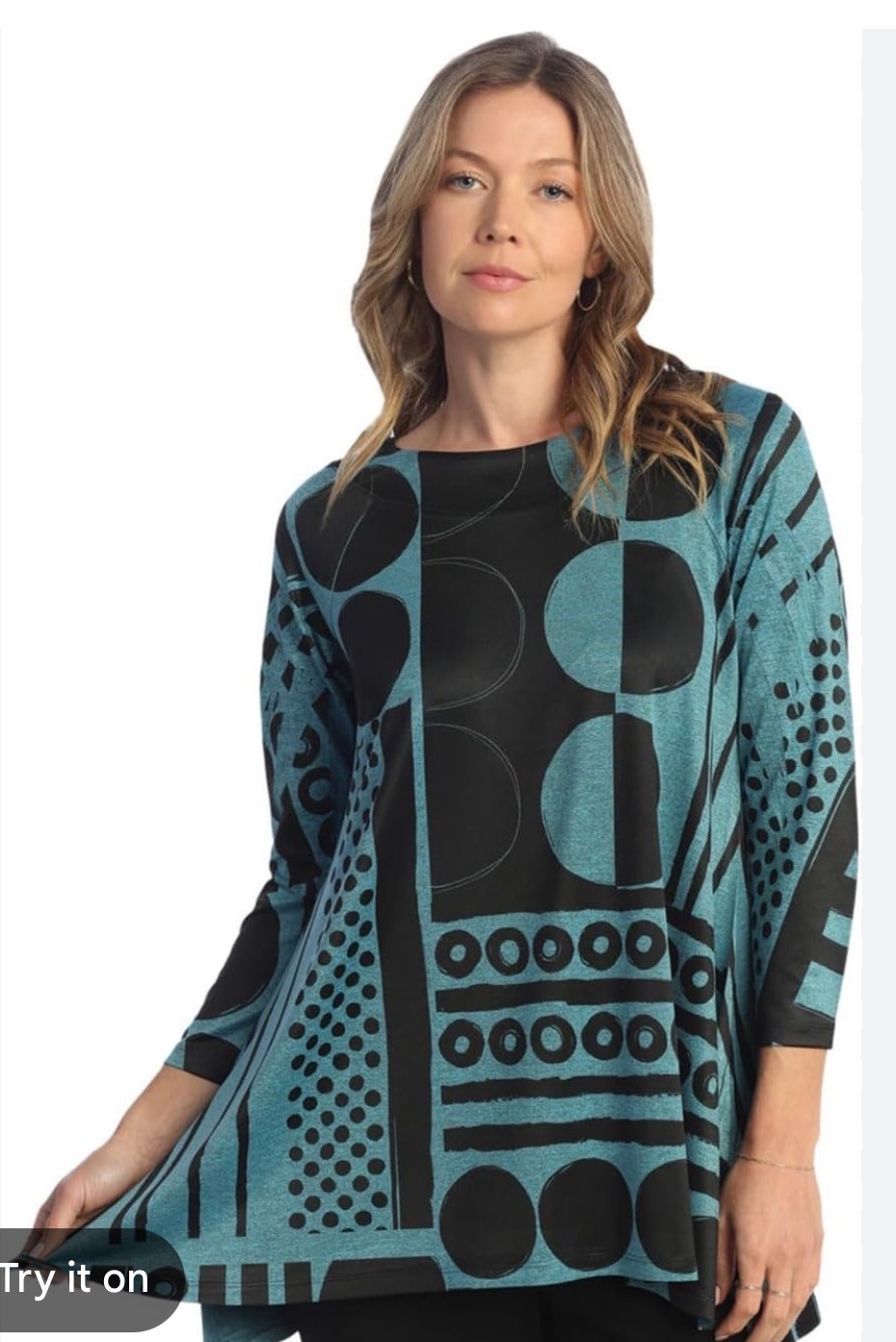Jess and Jane Size Xl Slinky Like Knit Tunic Black Teal Geometric 3/4 Sleeve Art