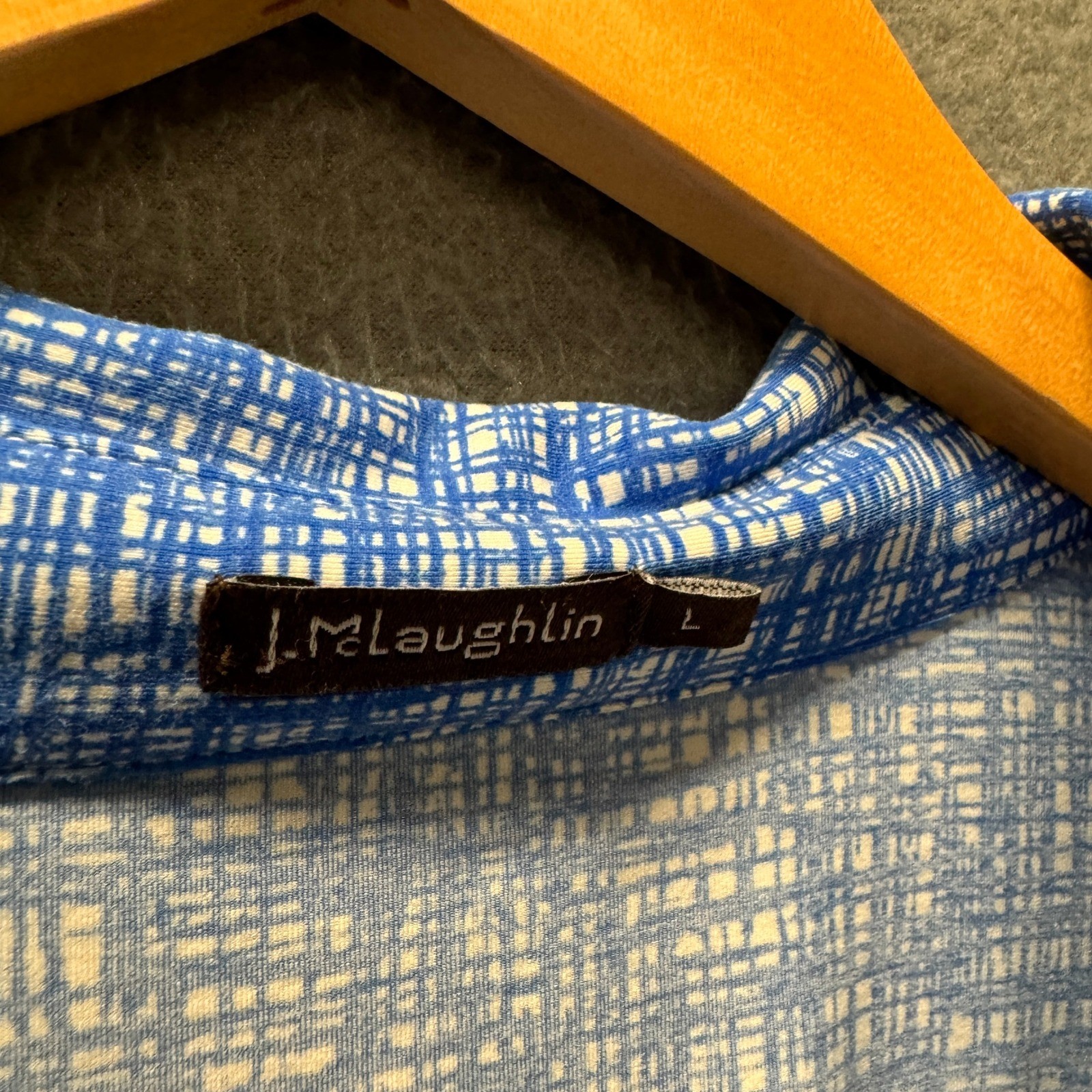 J McLaughlin Blouse Womens Large 3/4 Sleeve Blue Crosshatch Preppy Coastal Top