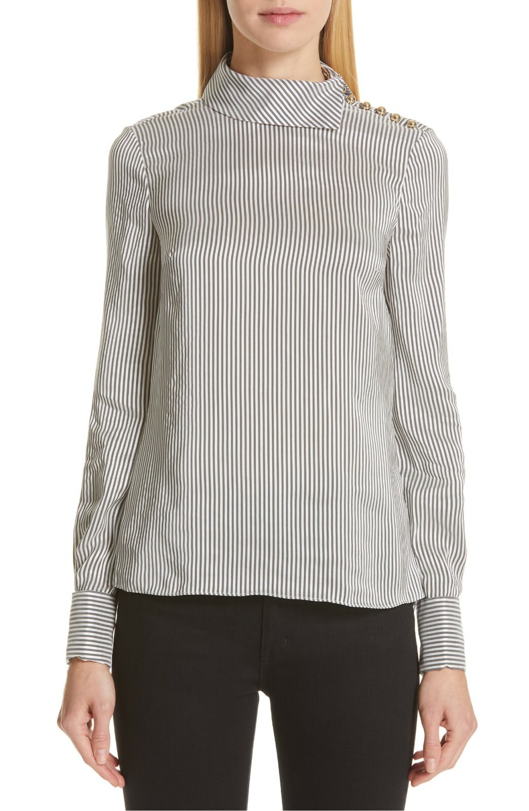 ERDEM Grey White Gold Cuff Link Mock Pin-Stripe Satin Blouse Top 6 = 10 42 38 36