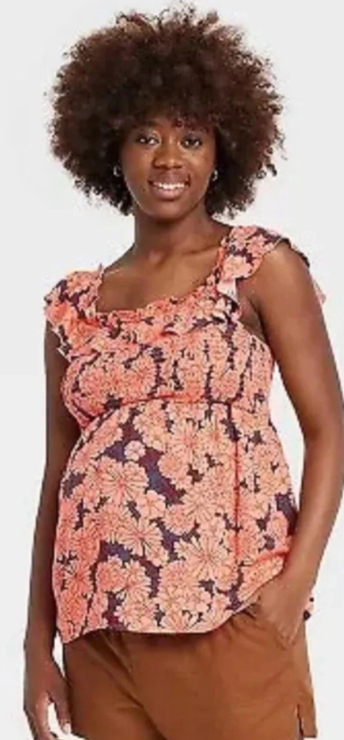 Ruffle Smocked Maternity Tank Top Isabel Maternity by Ingrid & Isabel Pink Sz S