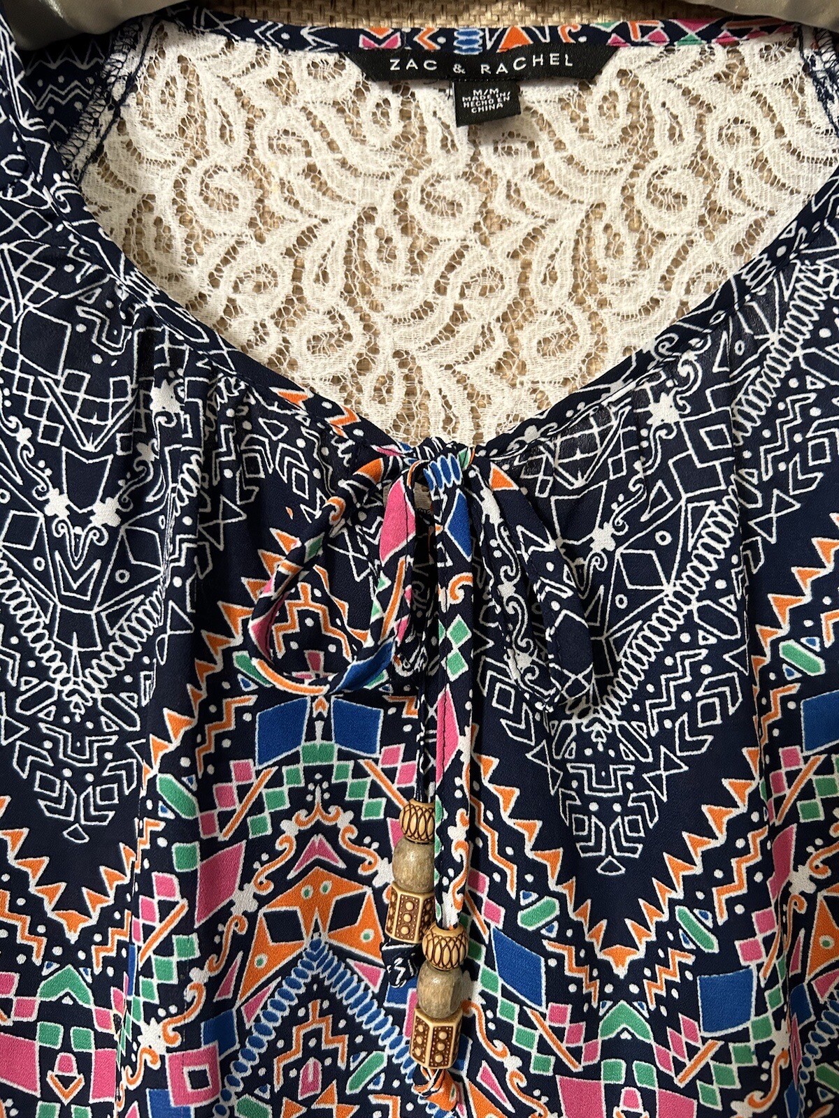 Zac & Rachel Top M Cute Silky Lace Trim Popover Shirt Blouse Women’s Size Medium