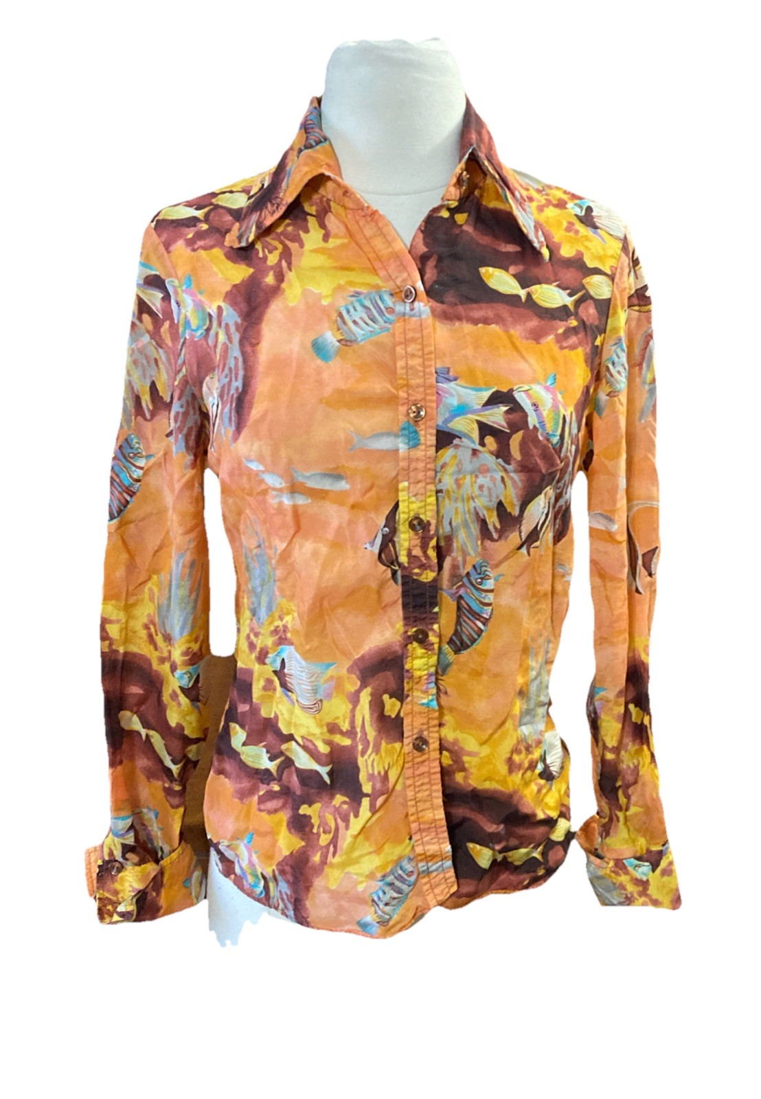 Vtg Kennington California Shirt Womens Sz 9 Small Fish Tropical Colorful 70s