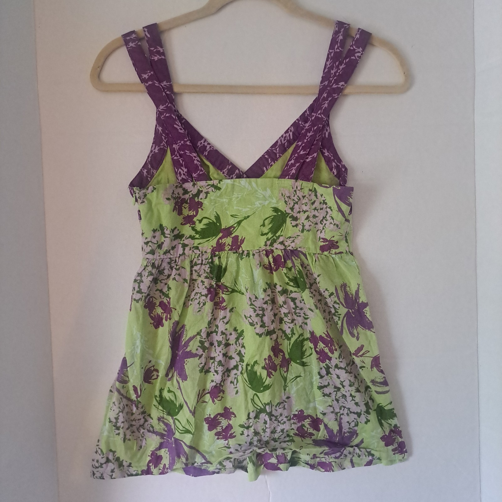 Kensie Y2K Green & Purple Floral Babydoll Top Criss Cross Straps Side Zip Sz XS