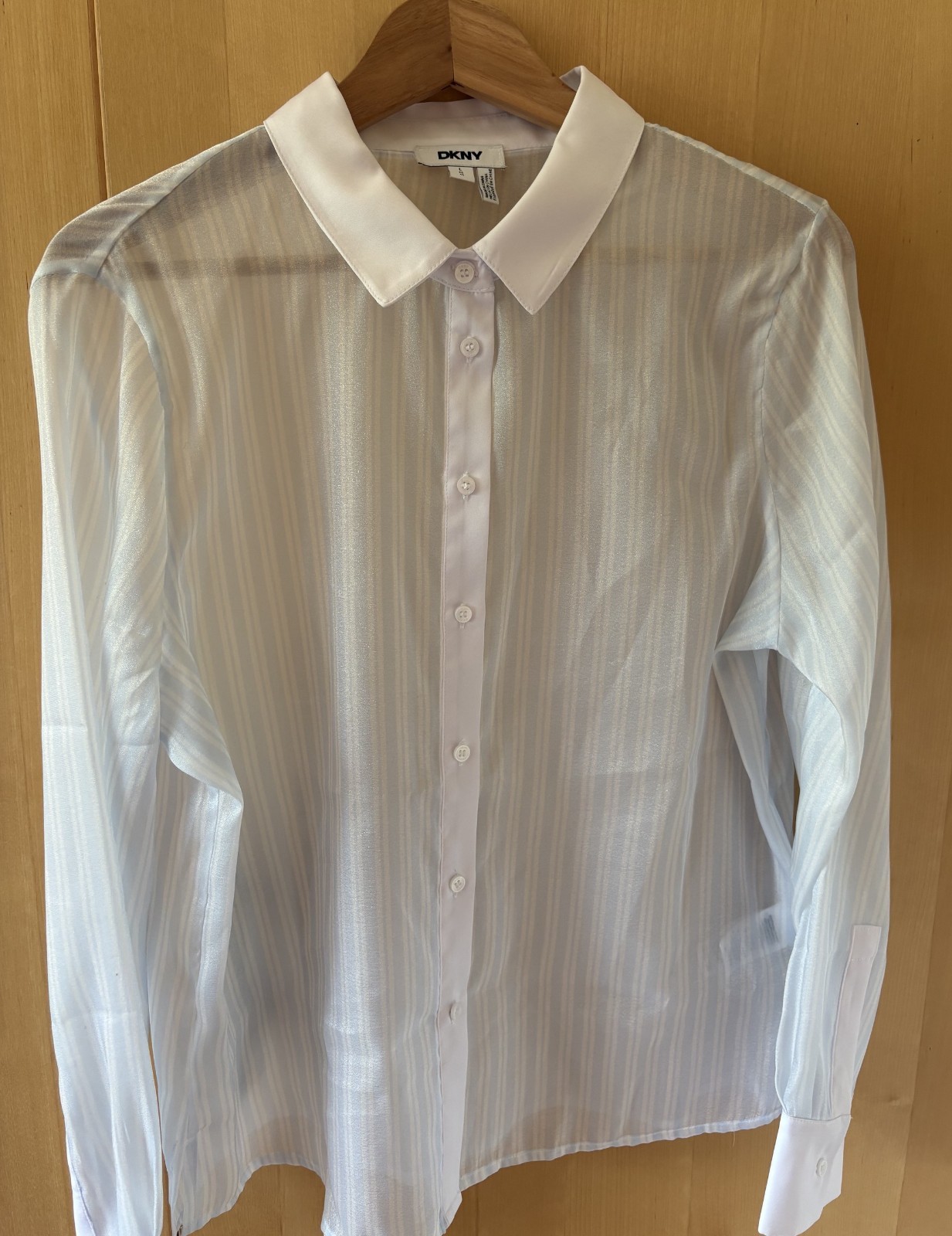 DKNY Pale Aqua Striped Sheer Organza Button Front Shirt, Size Large