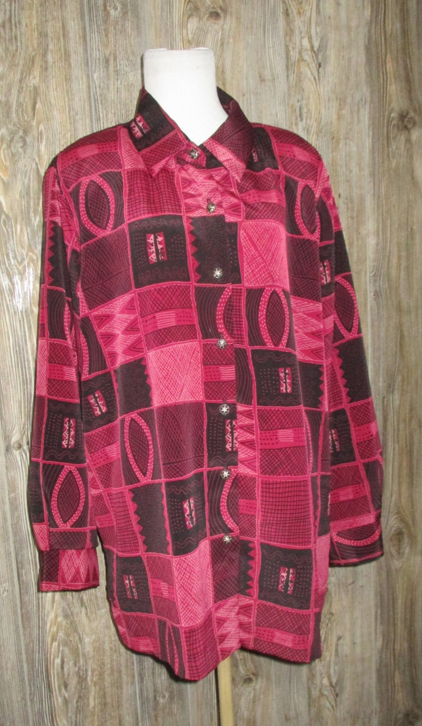 Silver Threads Button Down Long Sleeve Shirt Wine Black Print Artsy Fall Size XL
