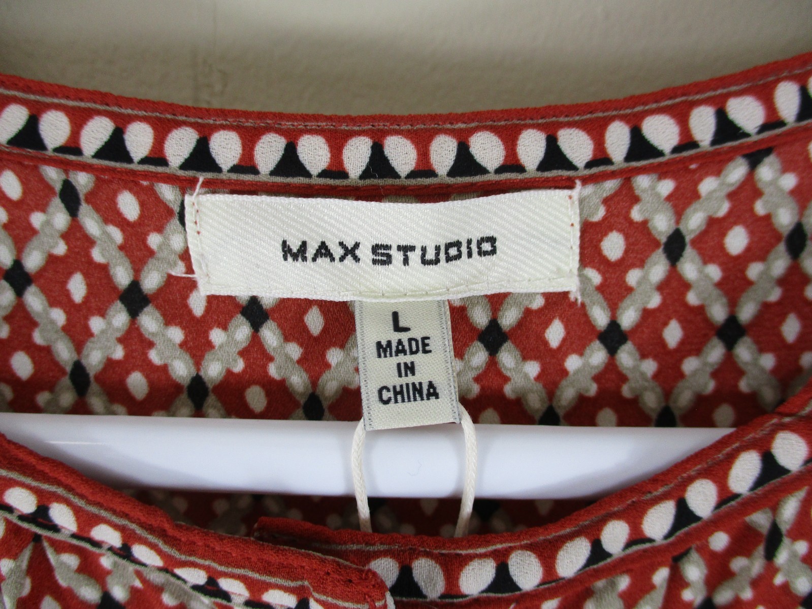 NWT Max Studio Blouse Wms L Boho Print Bishop Sleeve Silky Henley Top
