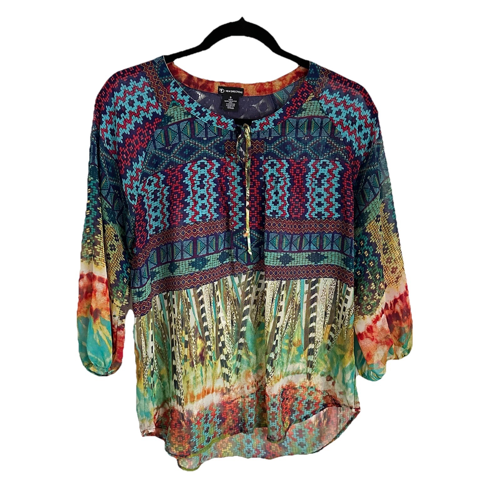 New Directions Top Womens S Sheer Lace Tie Neck Boho Peasant Hippie Festival