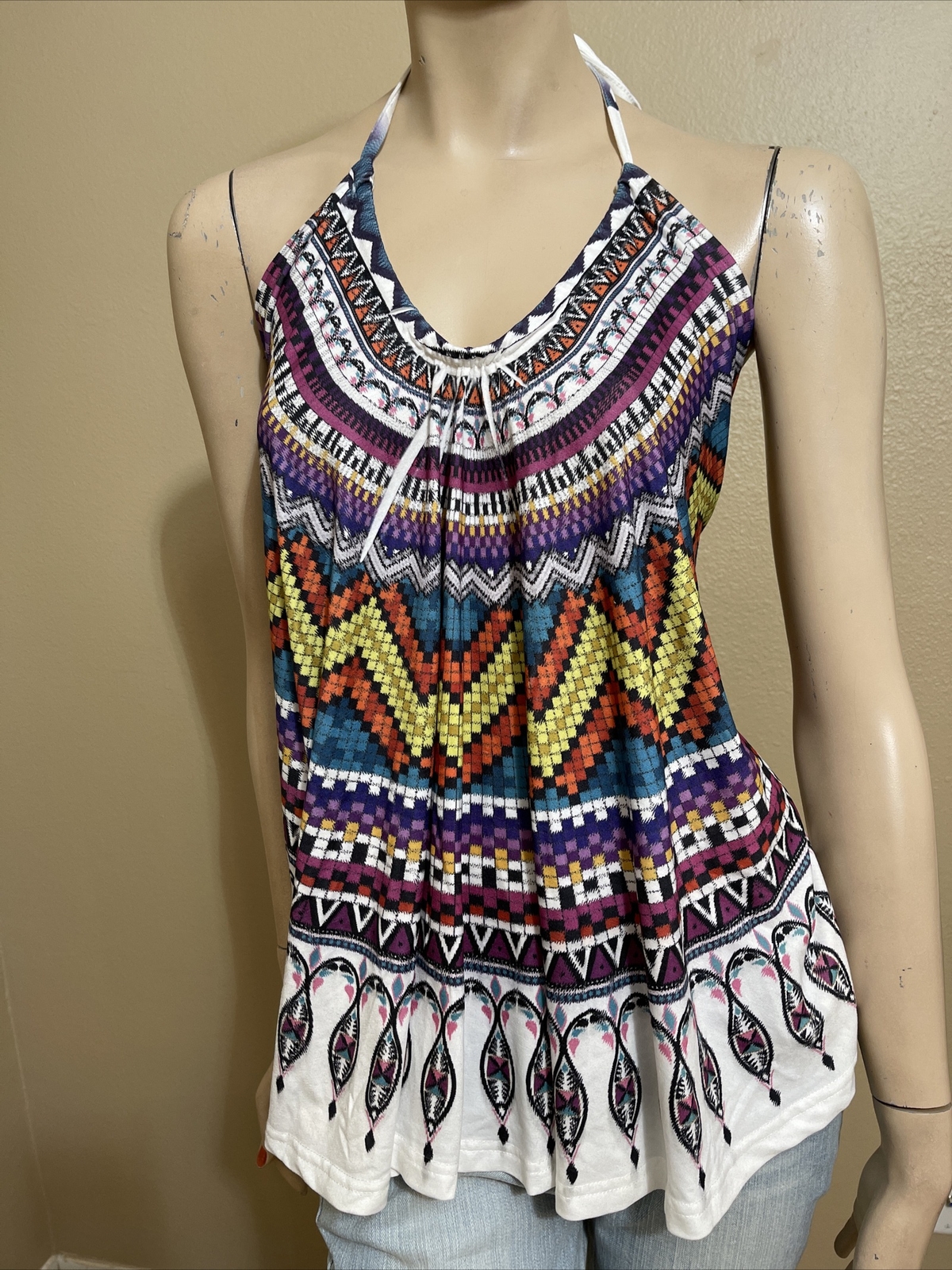 Women’s White Multicolour Polyester Casual Summer Opened Tie Size L Blouse Top