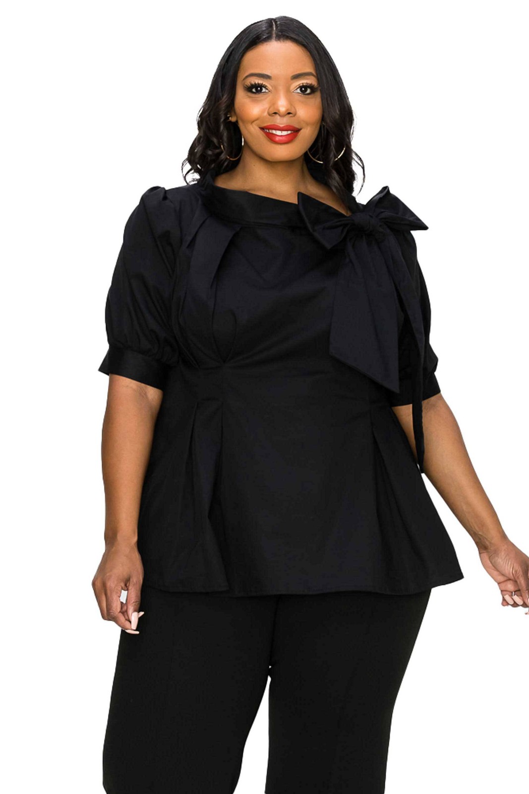 PLUS SIZE Poplin Ribbon Blouse