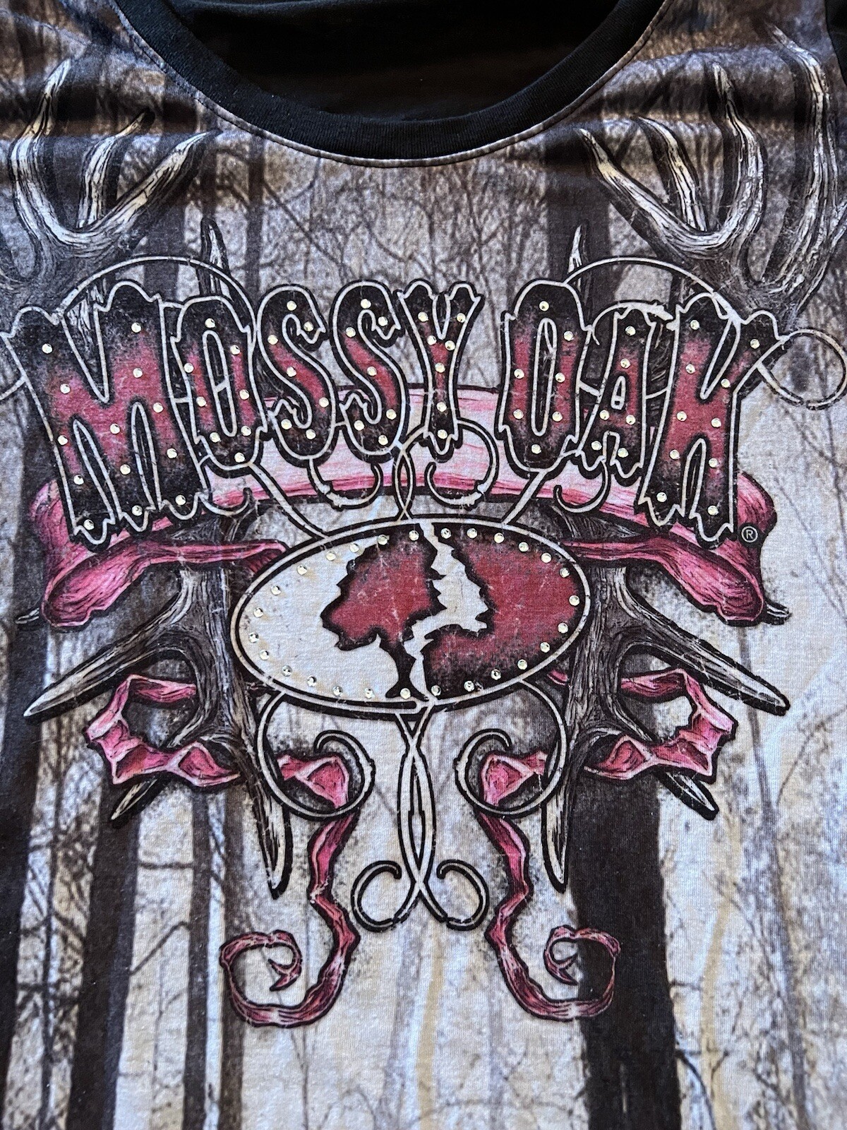 Paramount Outdoors Shirt Womens XL Mossy Oak Camo Black Short Sleeve Rhinestone