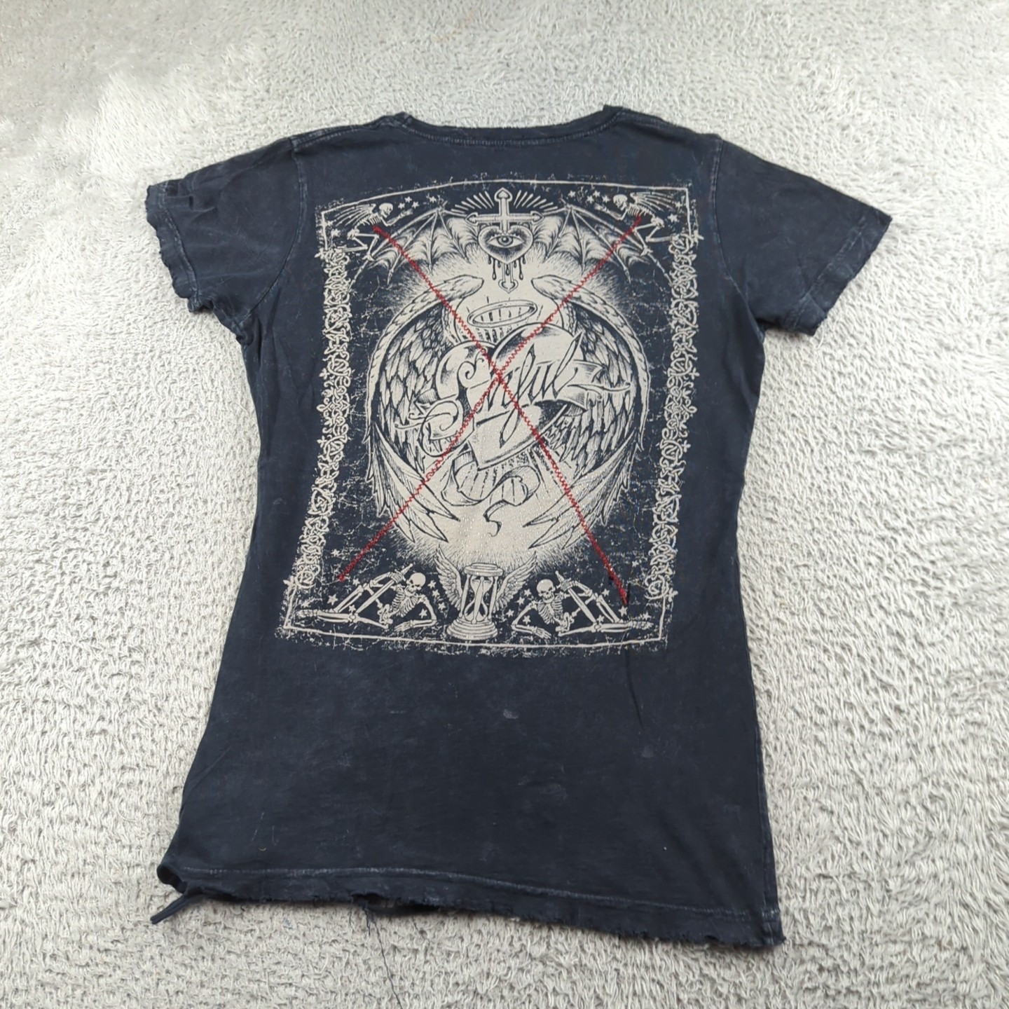 Sinful Affliction Shirt Womens M Black Babydoll Distressed Y2K Grunge Cross Wing