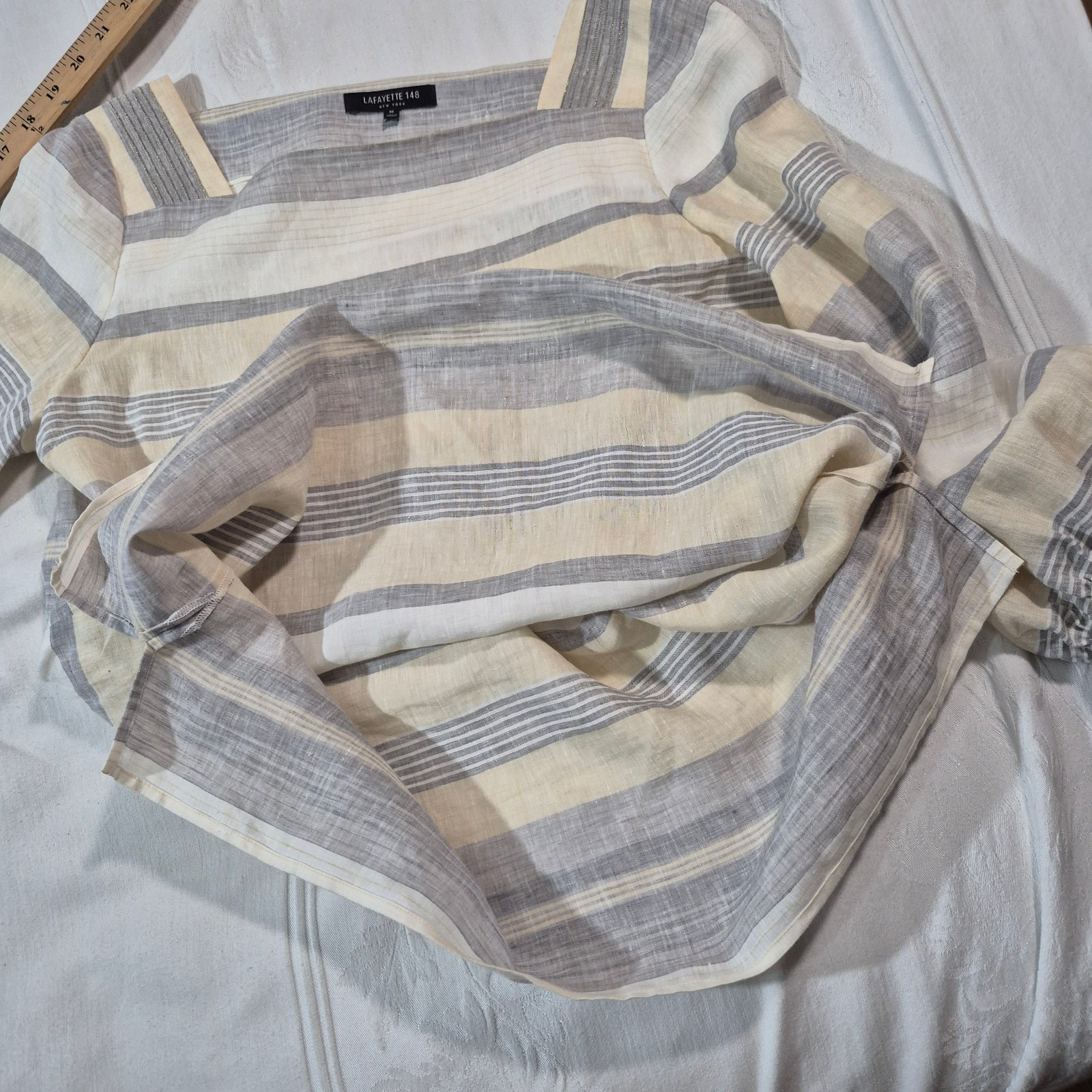 Lafayette 148 New York Harper Linen Striped Top with Metallic Accent MEDIUM