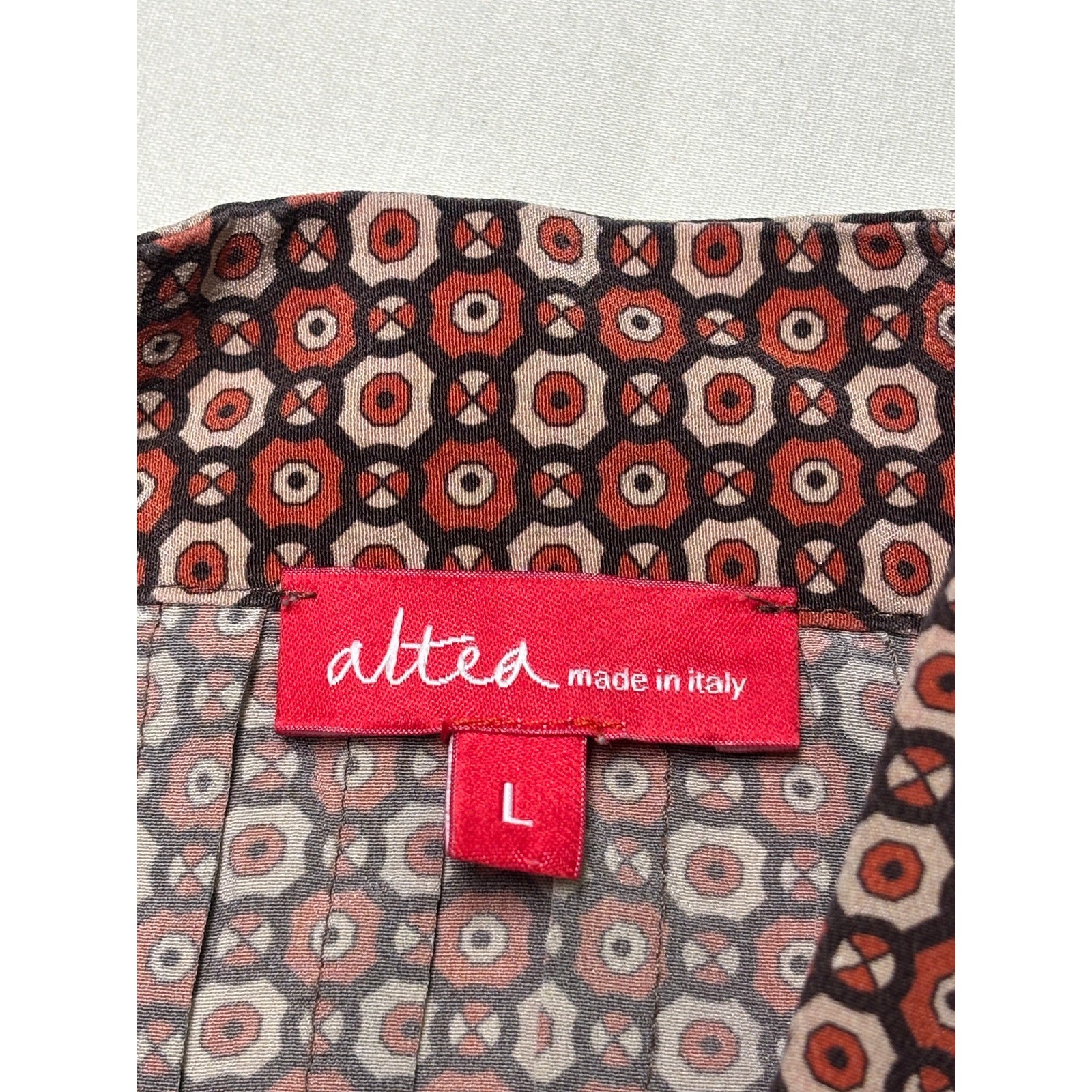 Altea Milano Silk Blouse Medallion Geometric Print Brown Rust Made Italy Women L