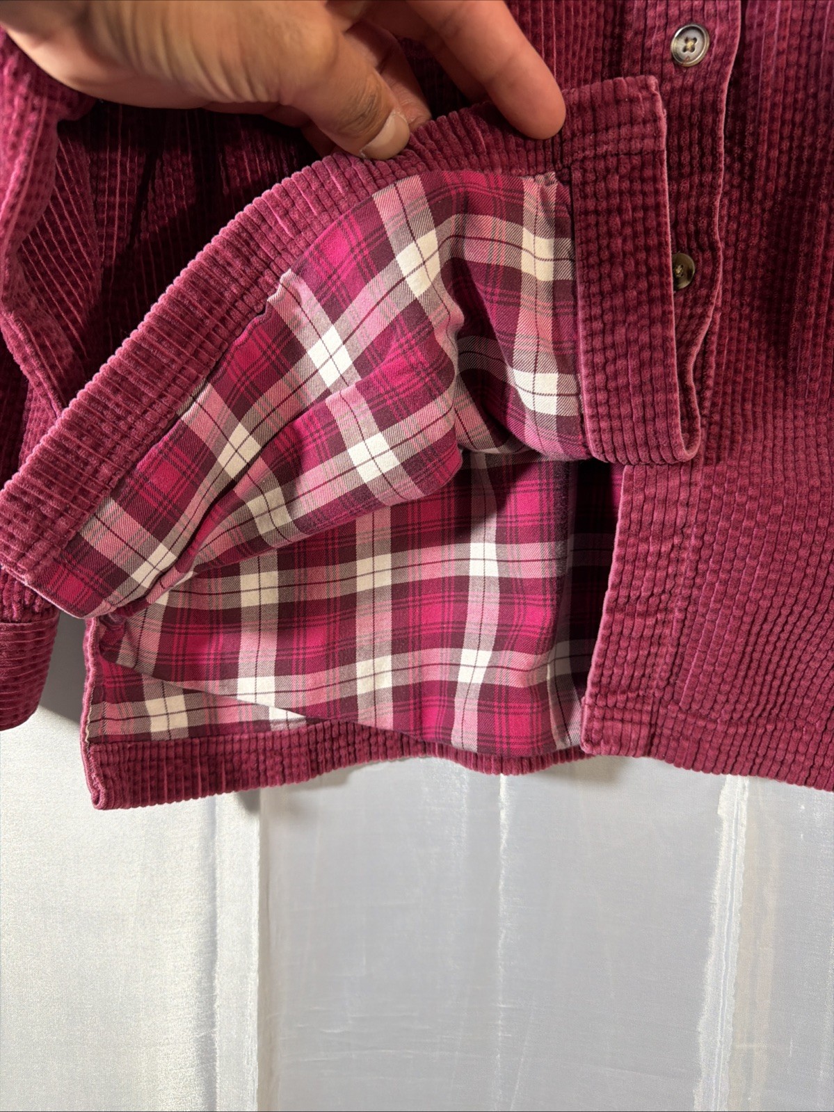 LL BEAN Flannel-Lined Burgundy Corduroy Chore Shirt Jacket PETITE MEDIUM 279408
