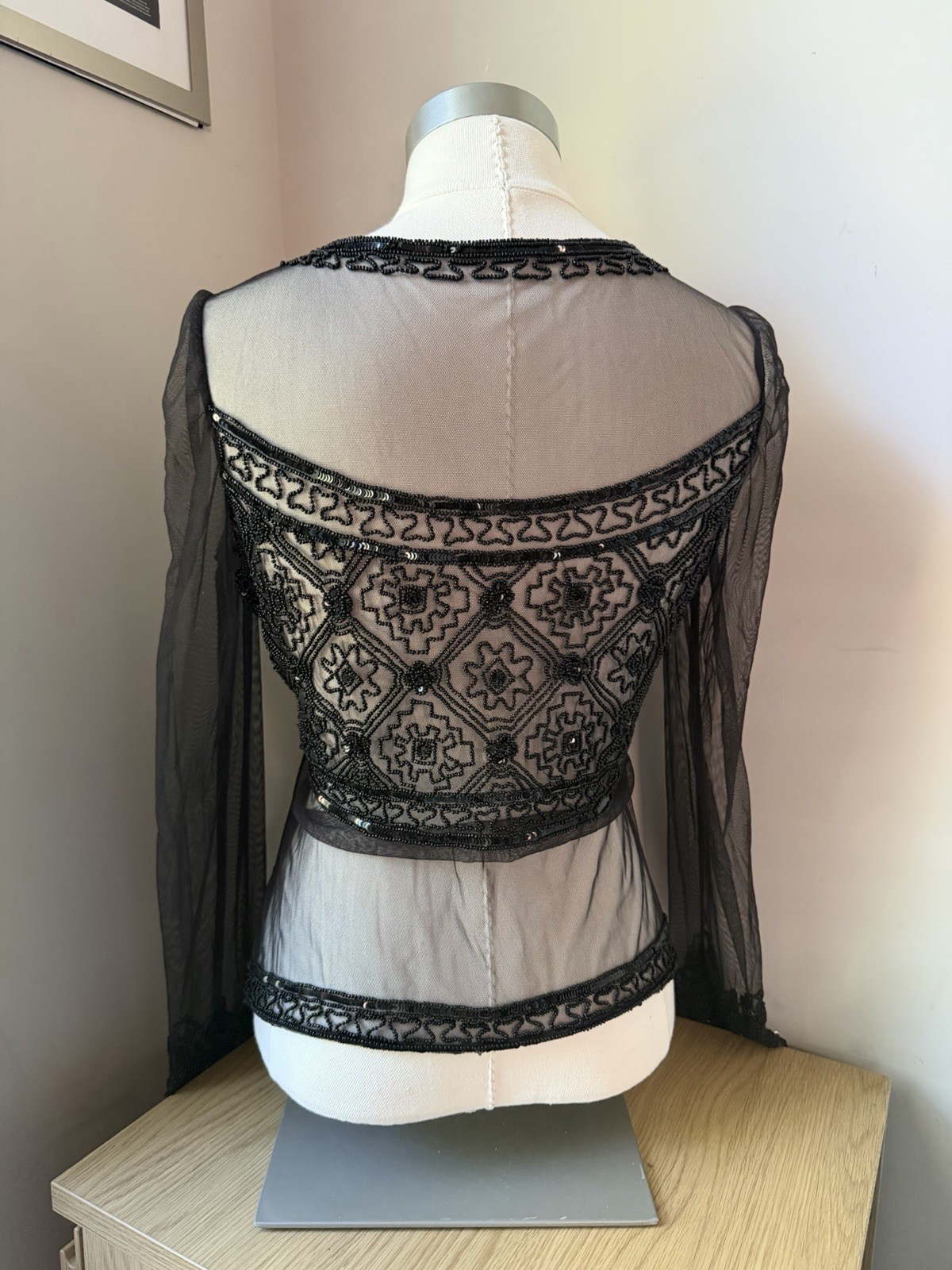 Vintage Y2K Goth Black Ornate Beaded Sequin Mesh Sheer Top Large