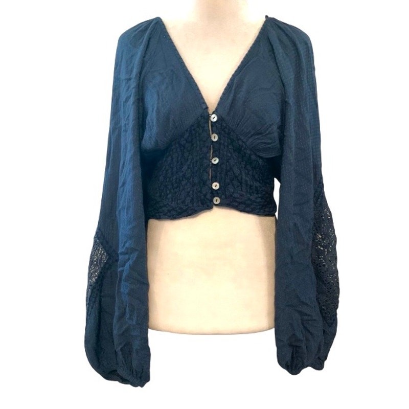 Free People Southwest Navy Smocked Waist Balloon Sleeve Crop Top Large