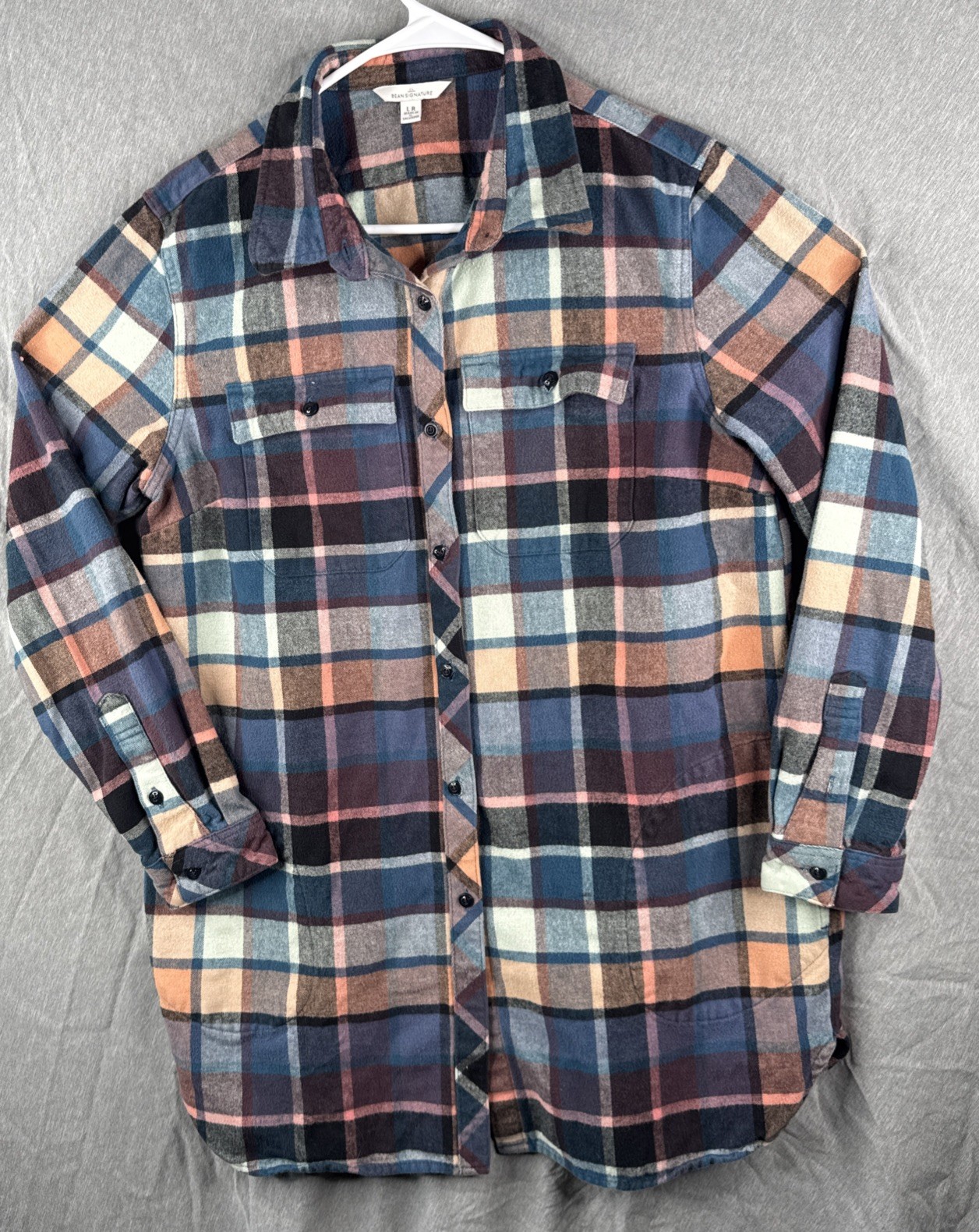 LL Bean Flannel Shirt Womens Large Regular Blue Plaid Signature Pockets Tunic