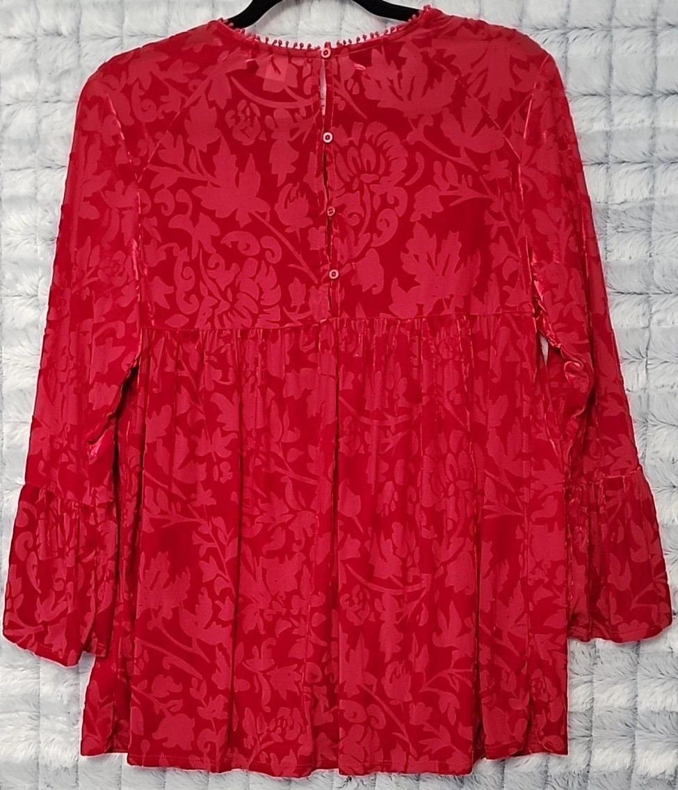John Paul Richard Tunic M Burnout Red Velvet Bell Sleeve Vamp Witchy Whimsigoth