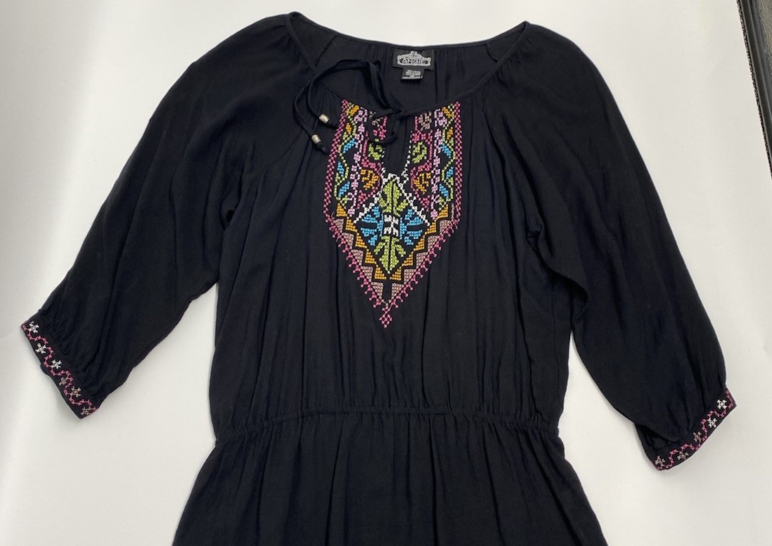 Angie Black Bohemian Style Peasant Tunic Top Colorful Embroidery Size Medium