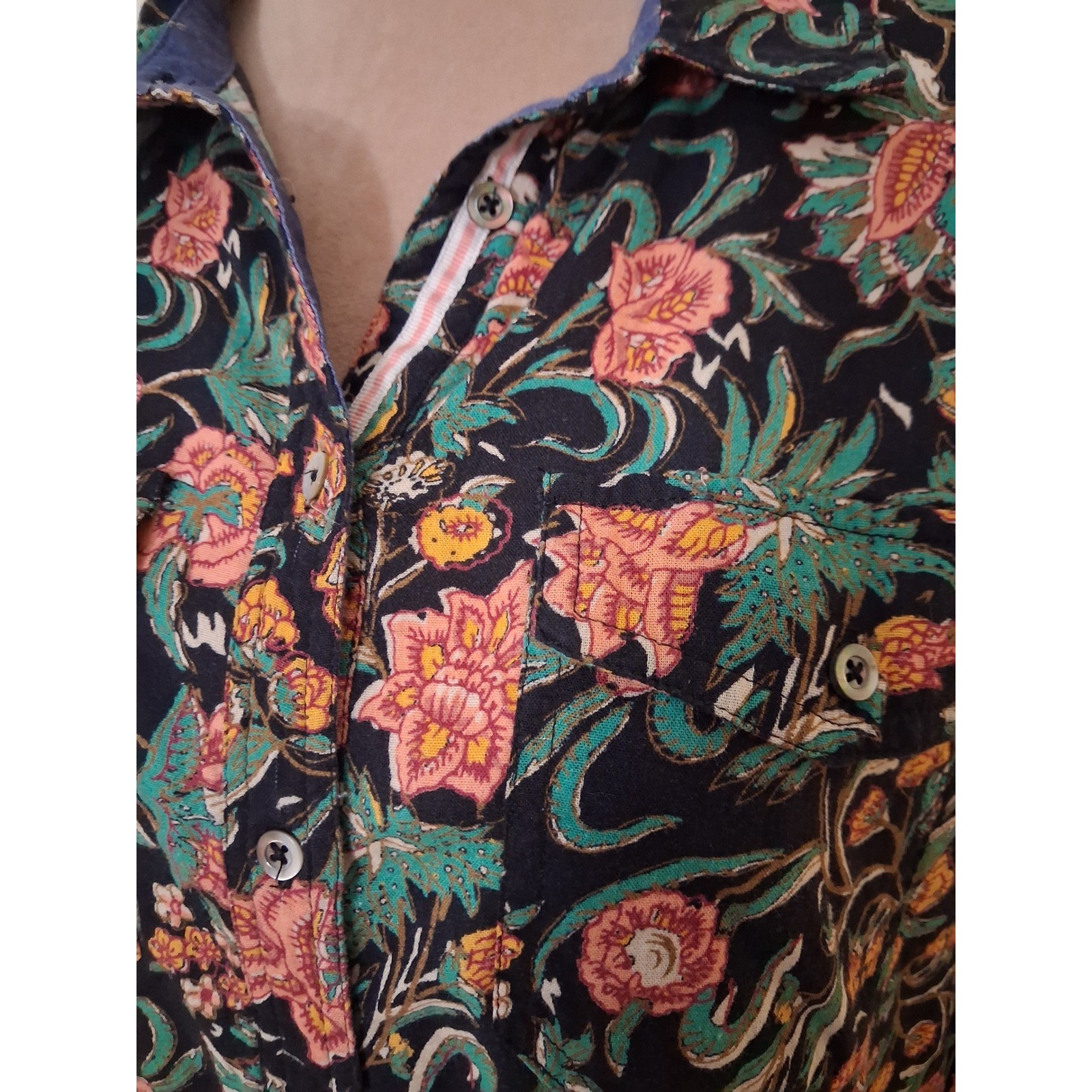 Sundance Womens Floral Button Down Shirt Navy Pink Orange Botanical Print Large