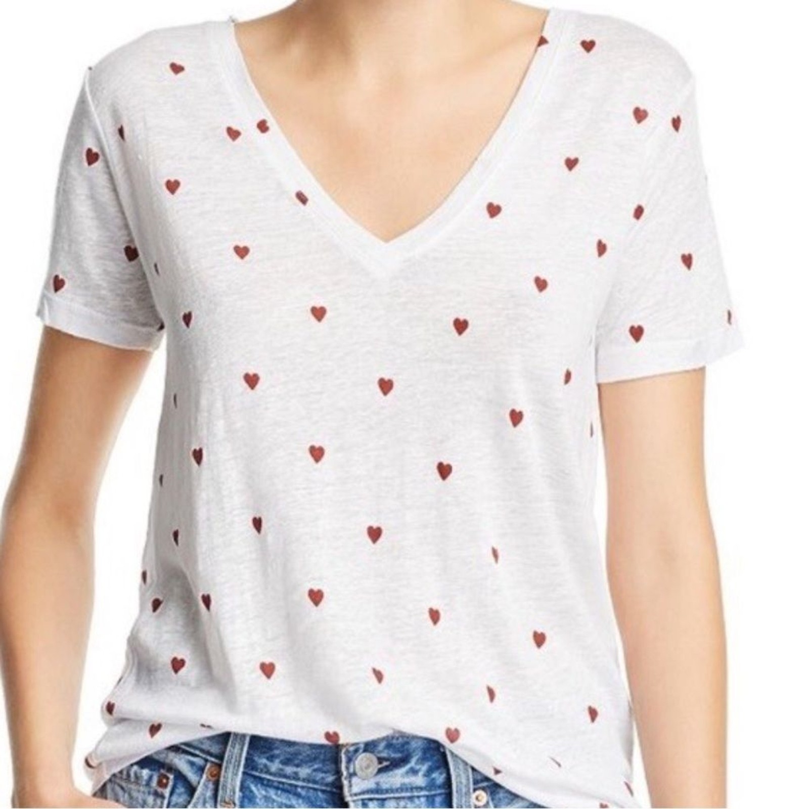 Rails Cara Valentines V-neck White Short Sleeve Tee Pink Lipstick Hearts Pattern