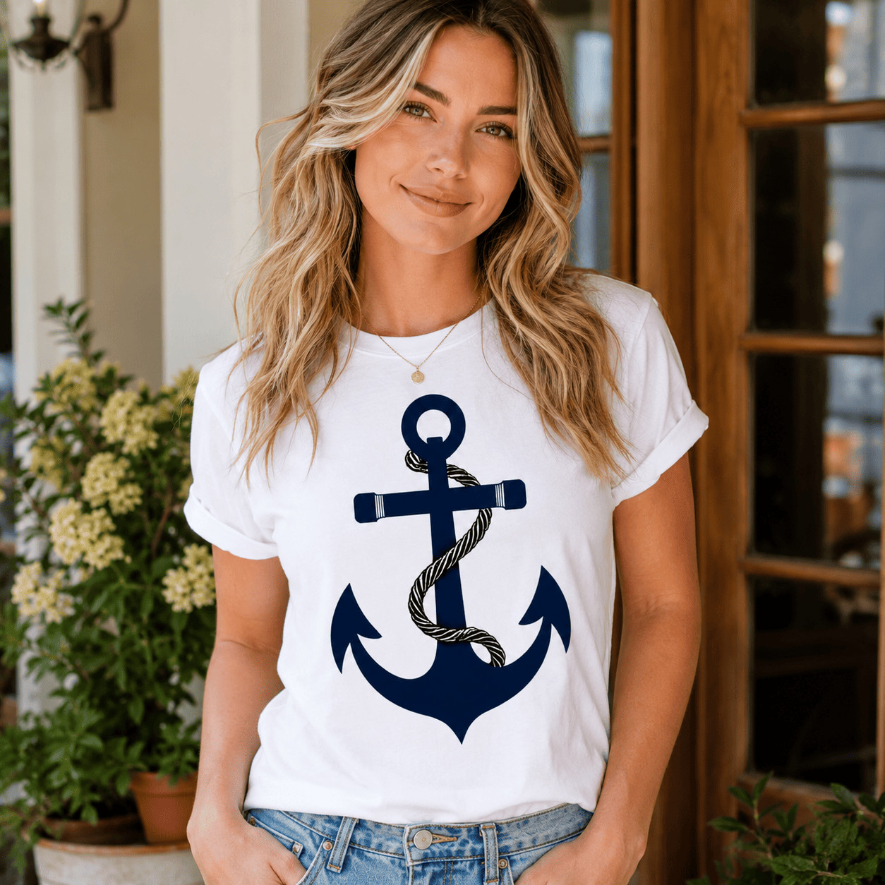 Women Nautical Anchor Graphic T-Shirt Casual Summer Crew Neck White Tee Top