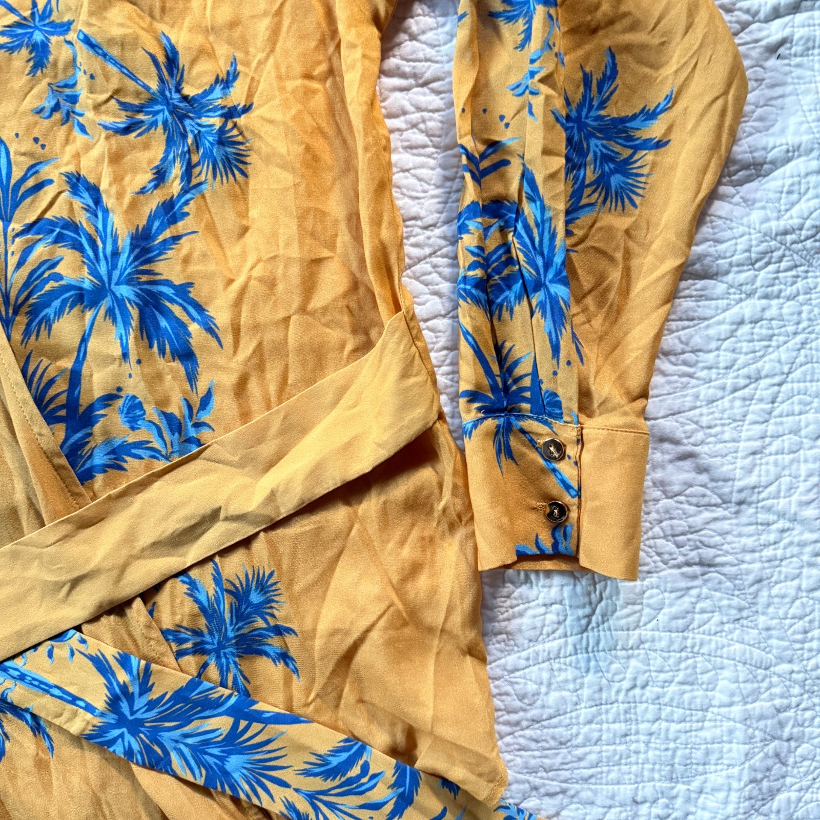 $198 NWT Aquari Yellow Blue Palm Tree Robe Wrap Dress Size S Boho Resort Wear