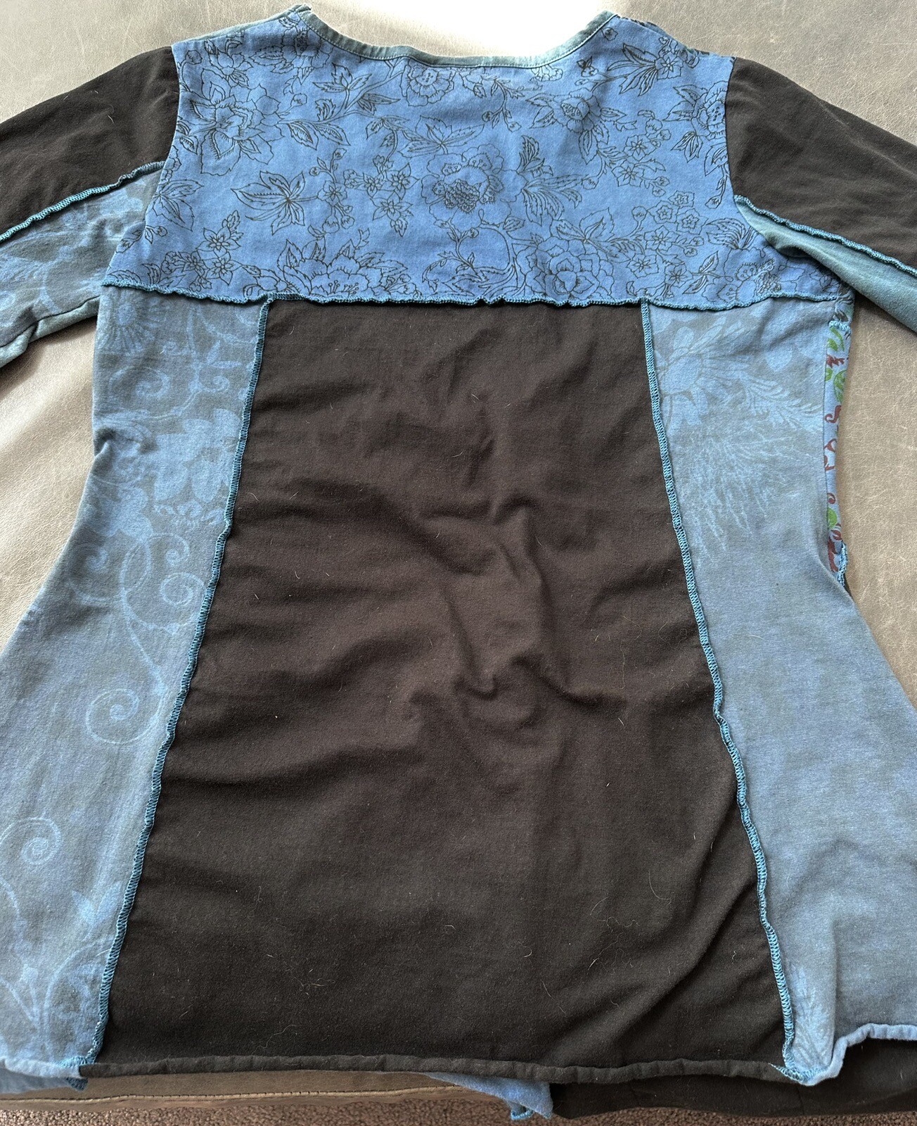 EUC Parsley & Sage Mixed Print Asymmetrical Top Lagenlook M Blue 100% Cotton