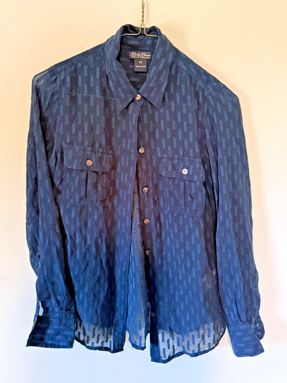 LUCKY BRAND Women’s Blue Silk Cotton Sheer Button Up 2-Pocket Blouse Size XS