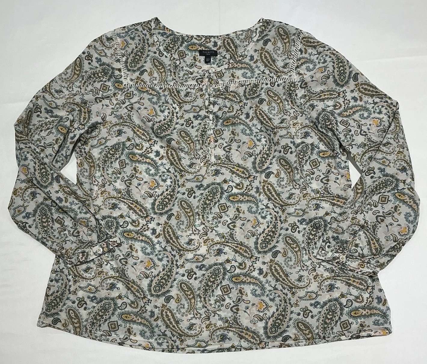 Talbots Blouse Womens Petite XL White Paisley Boho 100% Cotton