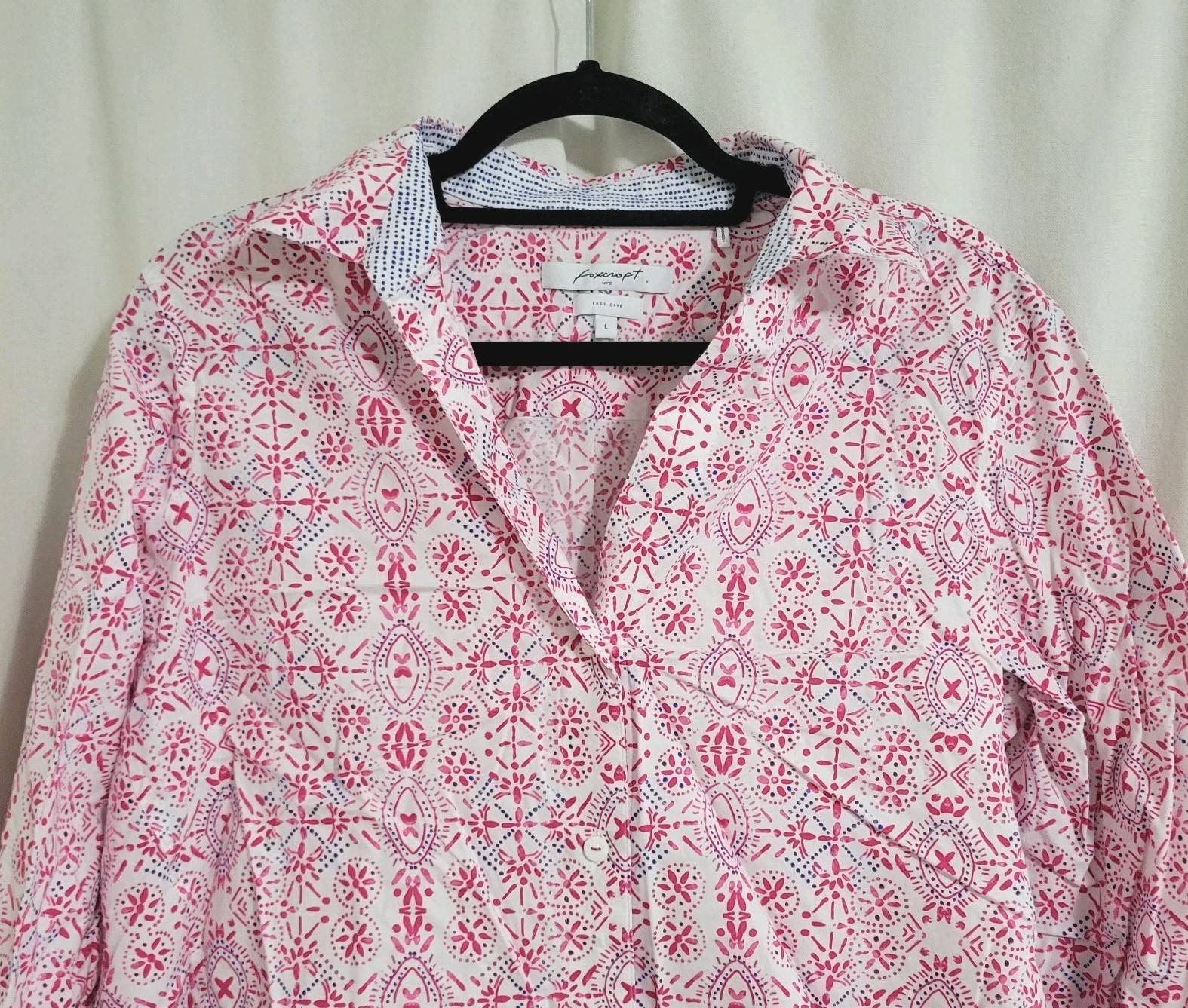 Foxcroft Button Up Top Size Lg Easy Care Boho Geometric Florals 3/4 Sleeve