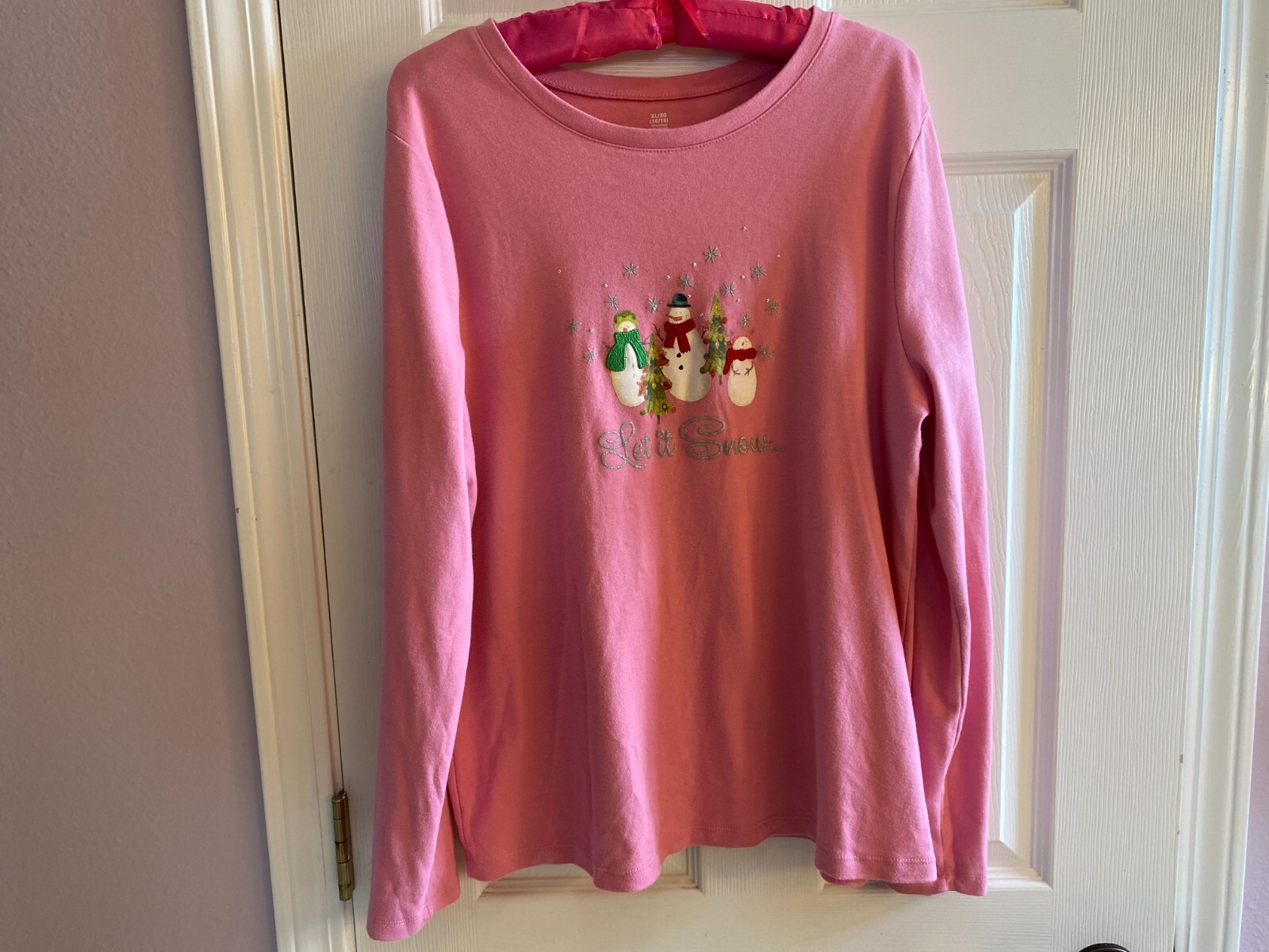 Christmas Yule Blouse Top Cotton Jersey Snowmen “Let It Snow” Pink XL EUC R393