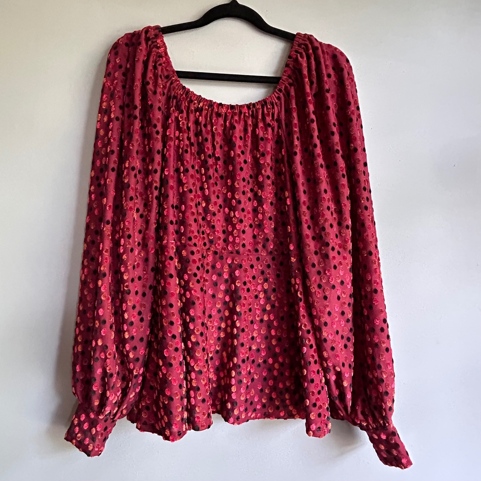 Lane Bryant Velvet Flocked Polka Dot Blouse Red Square Neck Bishop Sleeve 14/16