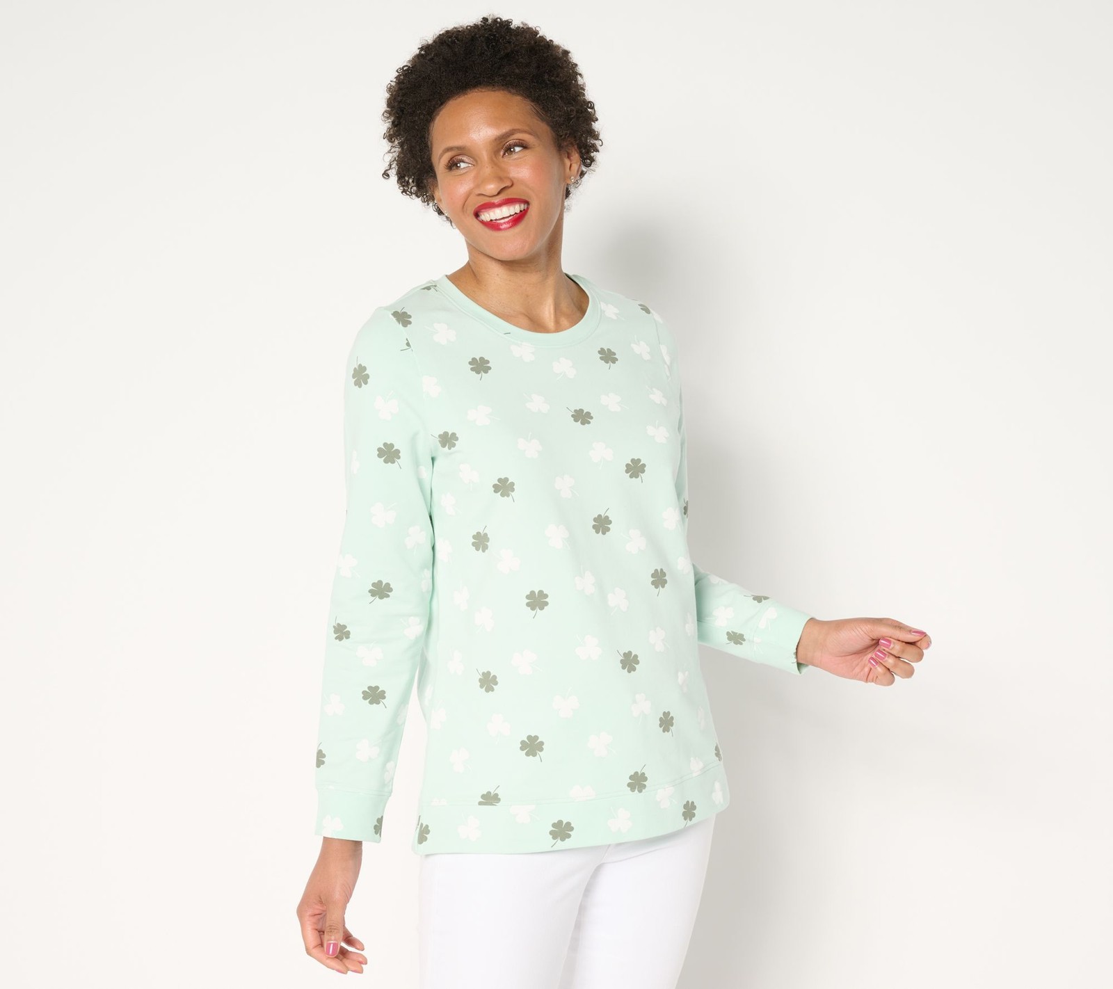 Gloria Vanderbilt Women’s Top Sz L Denim & Co. Printed French Terry Green