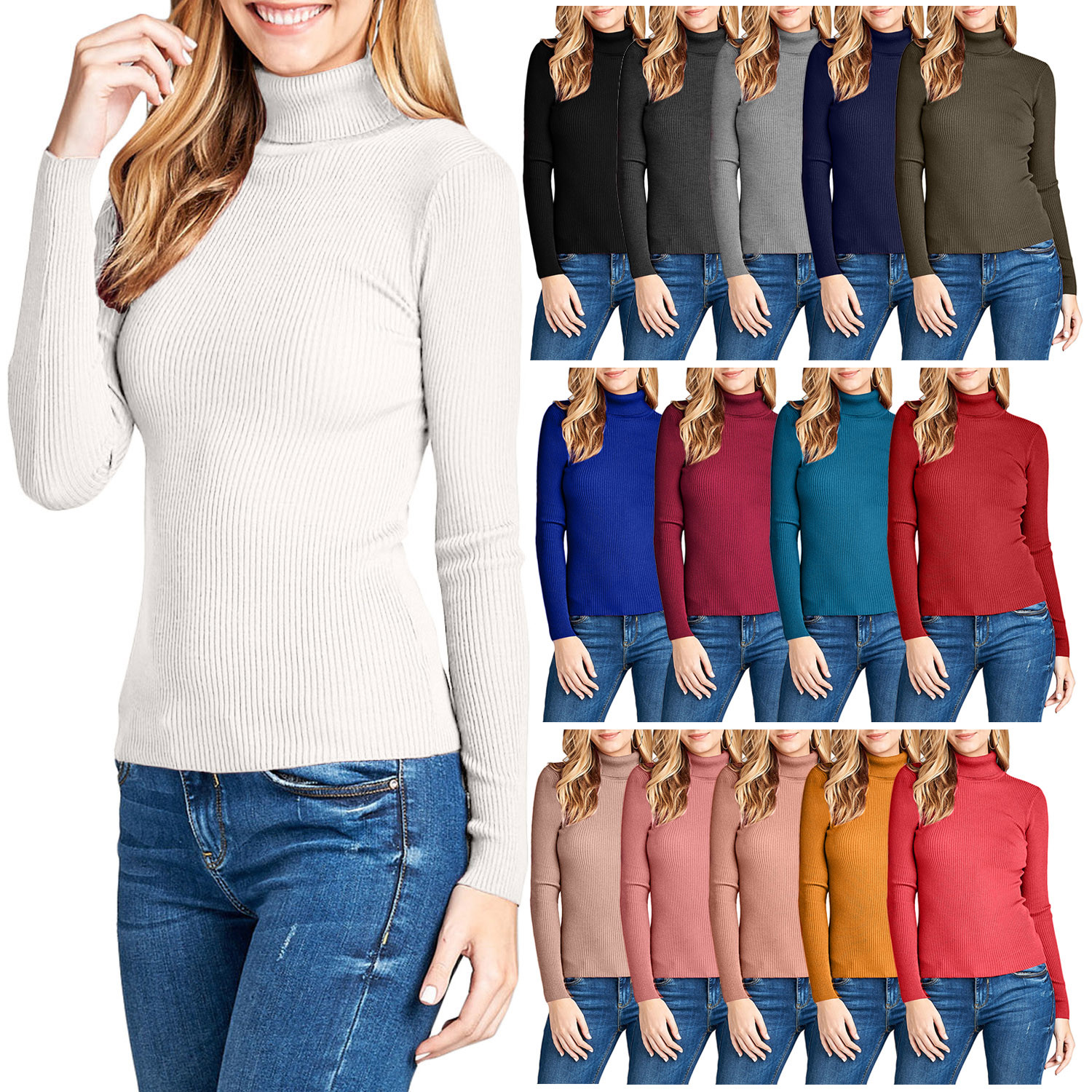 NE PEOPLE Womens Lightweight Basic Long Sleeve Turtleneck Ribbed Top [NEWT389]